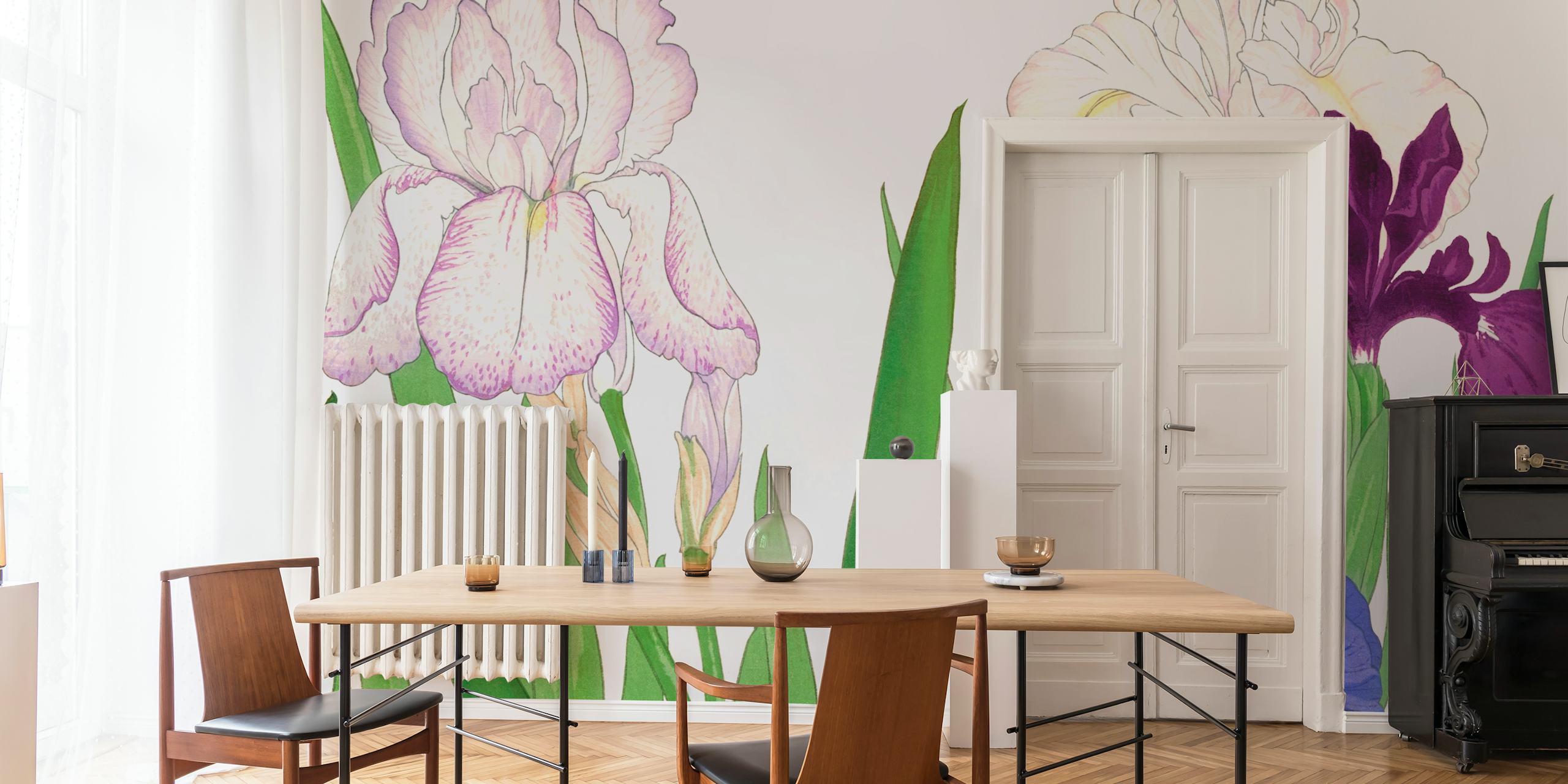 Japanese floral wallpaper with purple and blue irises, green leaves, botanical style