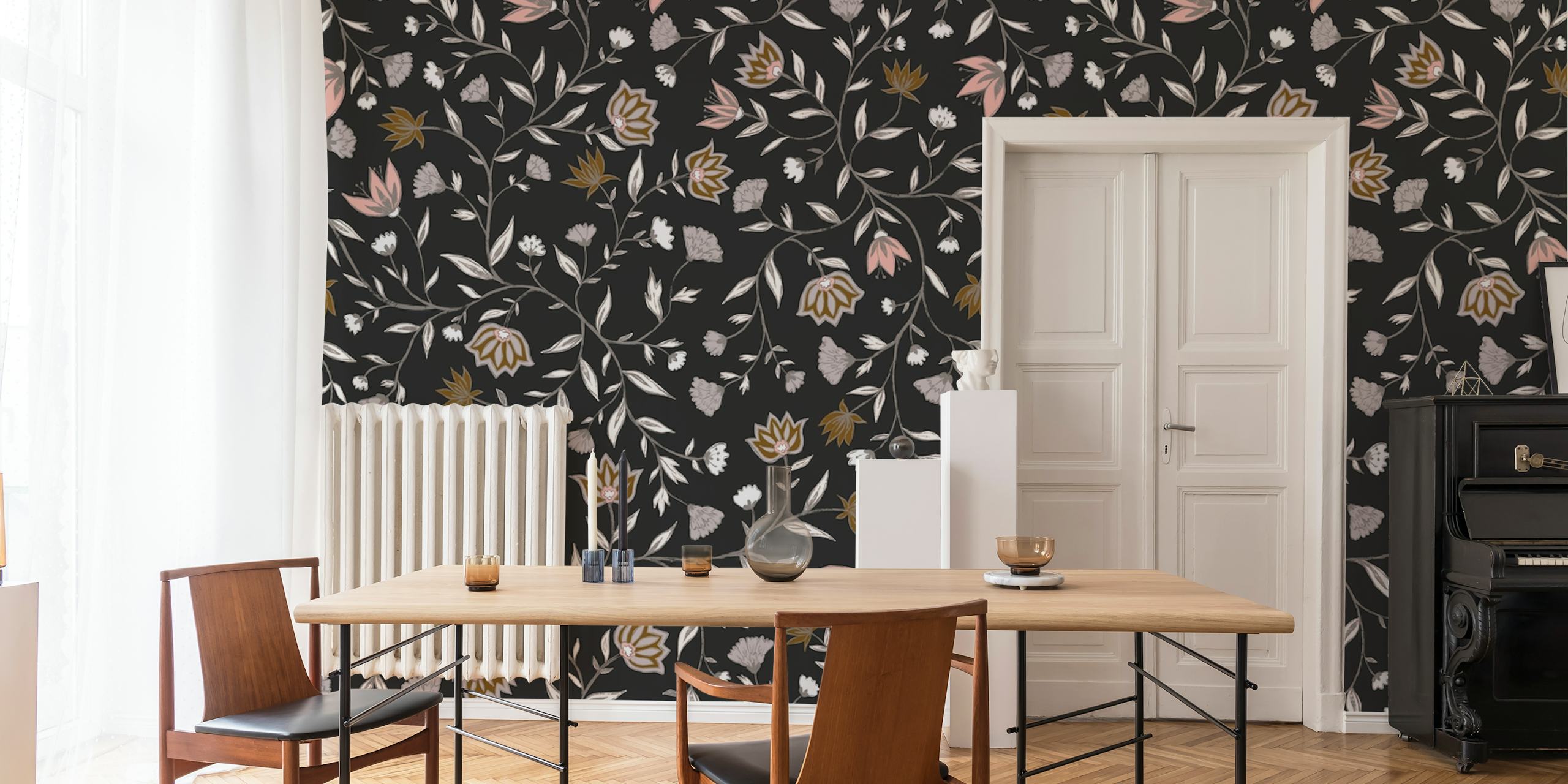 Floral wallpaper with pink and cream flowers on a black background