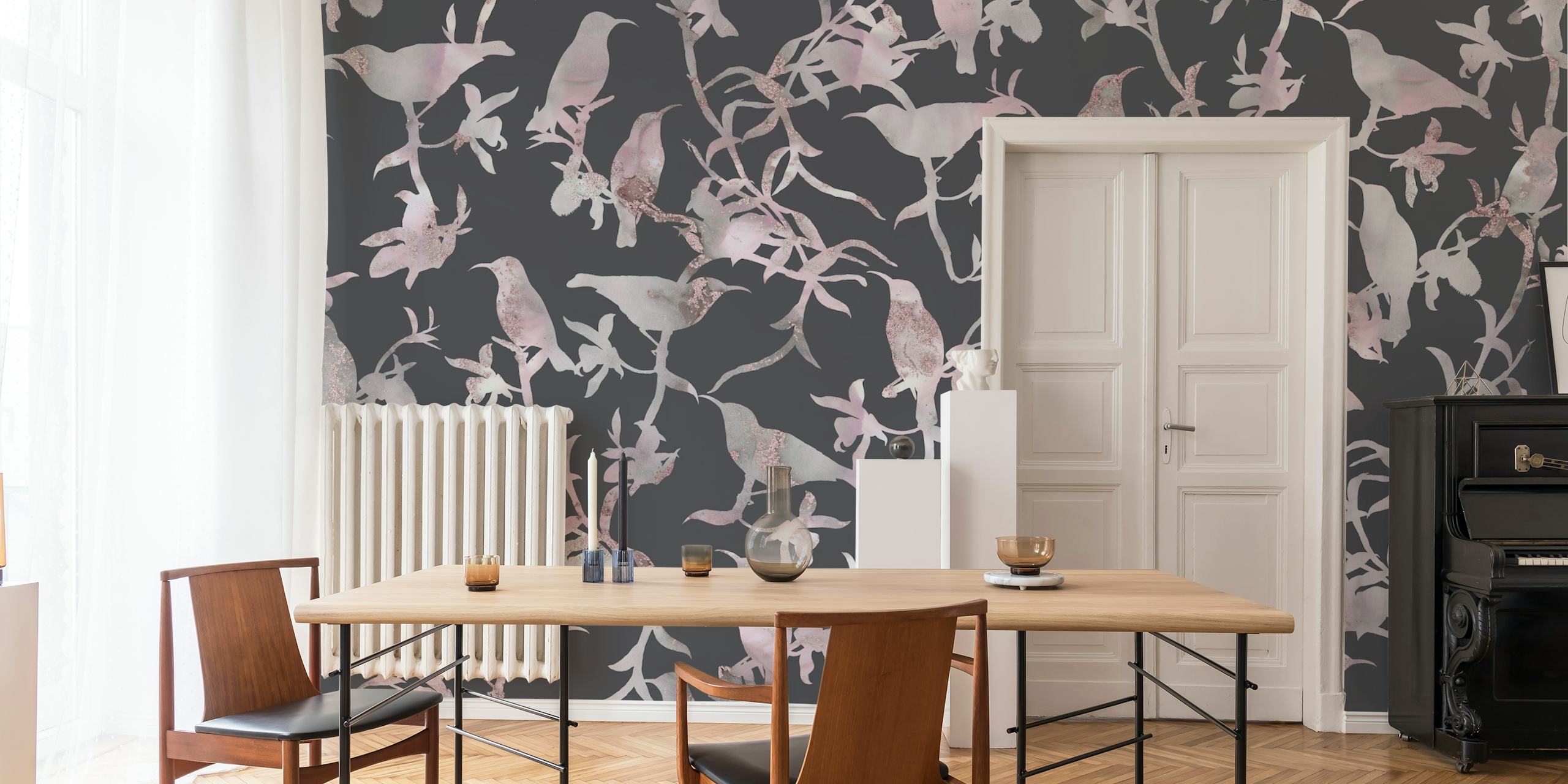 Hummingbirds and floral patterns in soft grey tones wallpaper