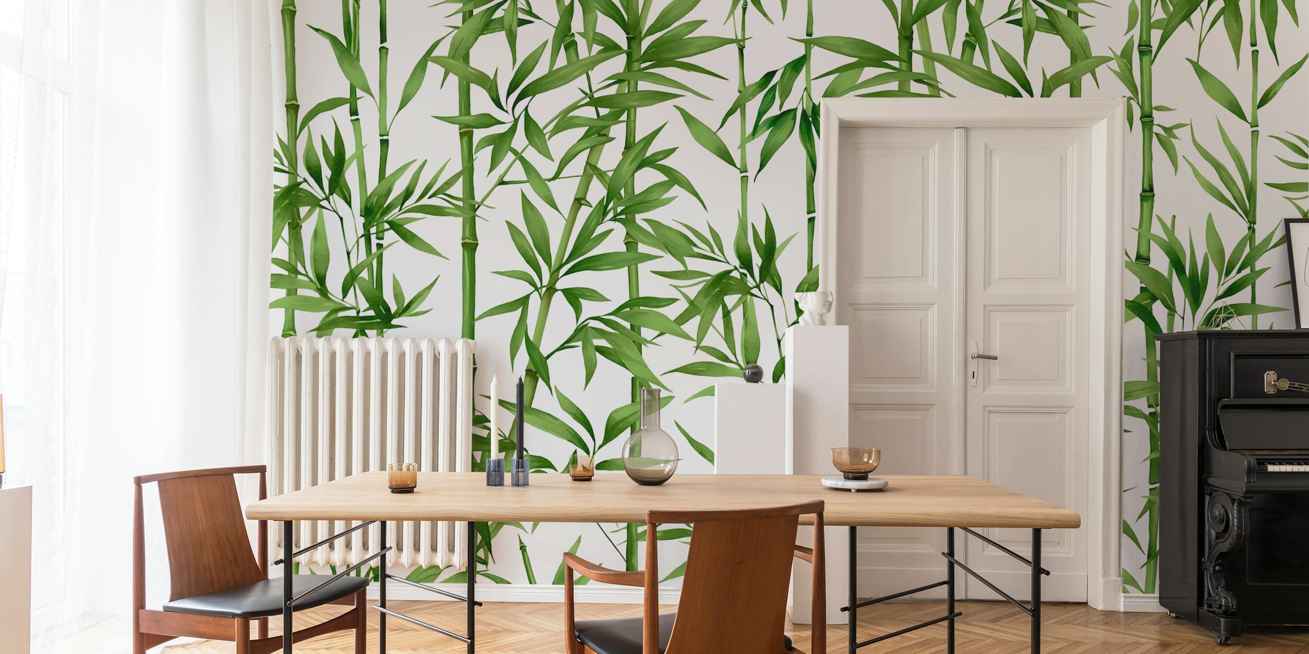 Groene bamboe met witte achtergrond, botanisch patroon wallpaper