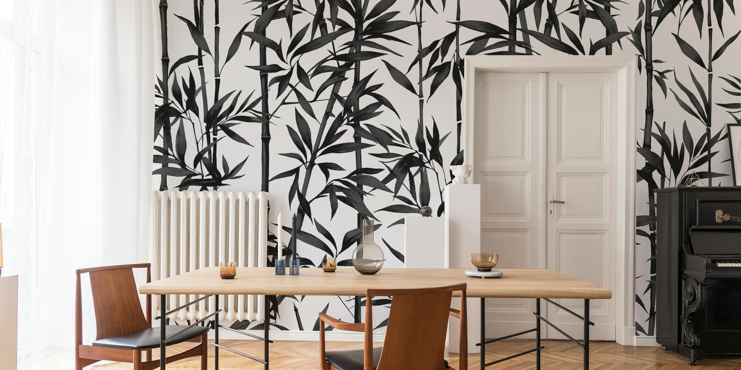 Black and white bamboo leaves and stalks pattern wallpaper