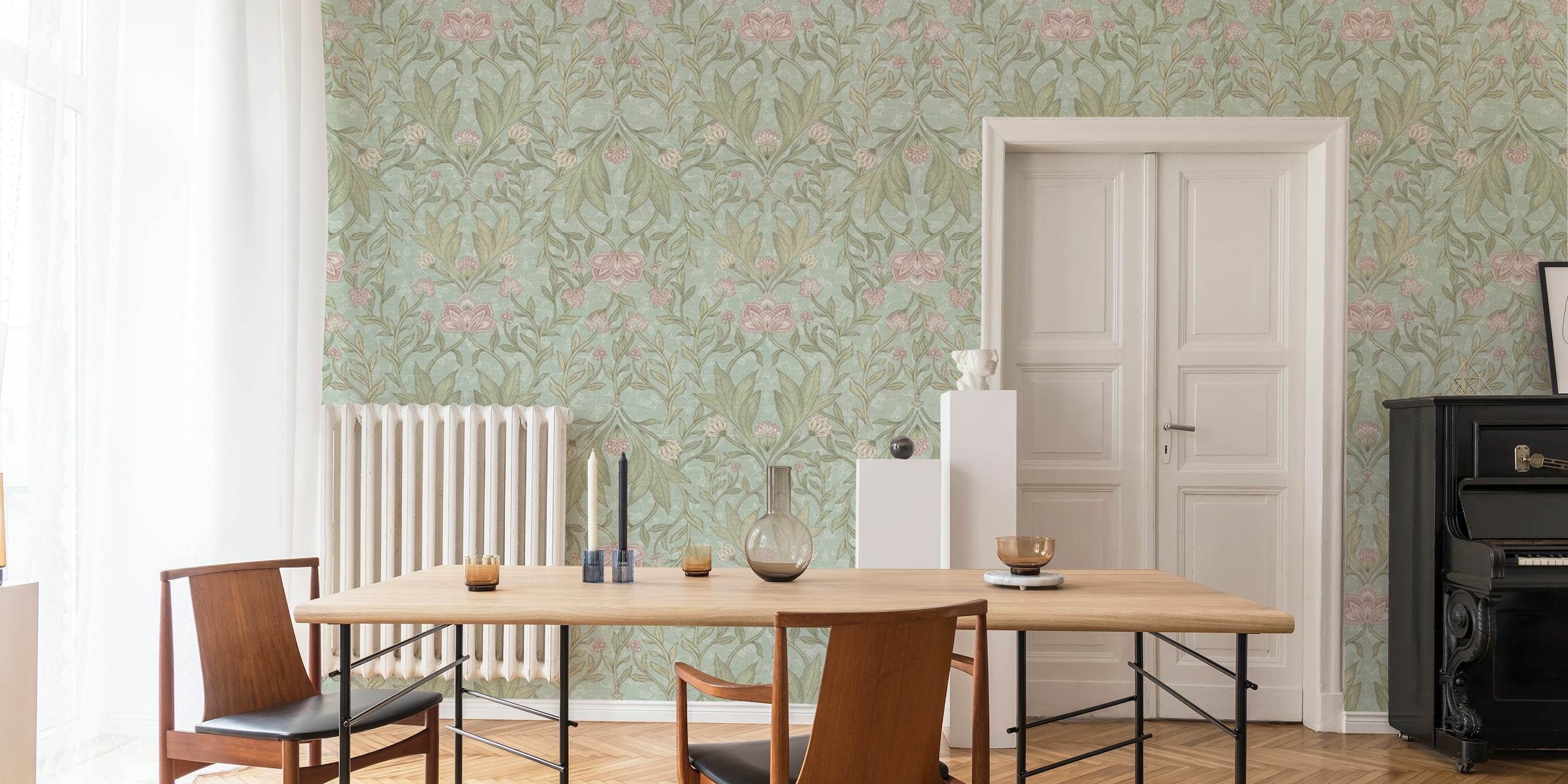 Elegant florals and leaves damask pattern wall mural in subtle hues