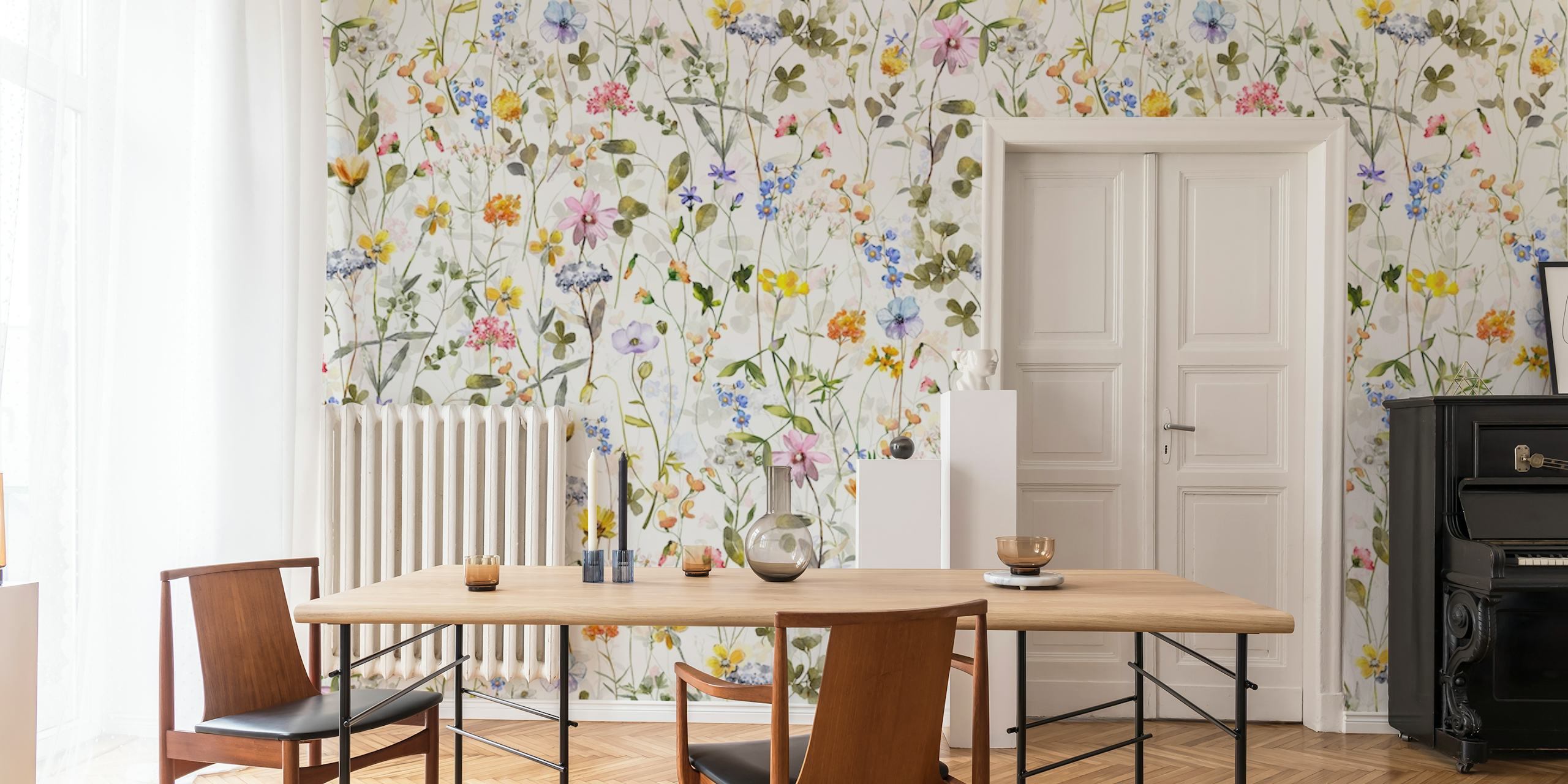 Watercolor floral patterns with multicolored flowers and greenery wallpaper