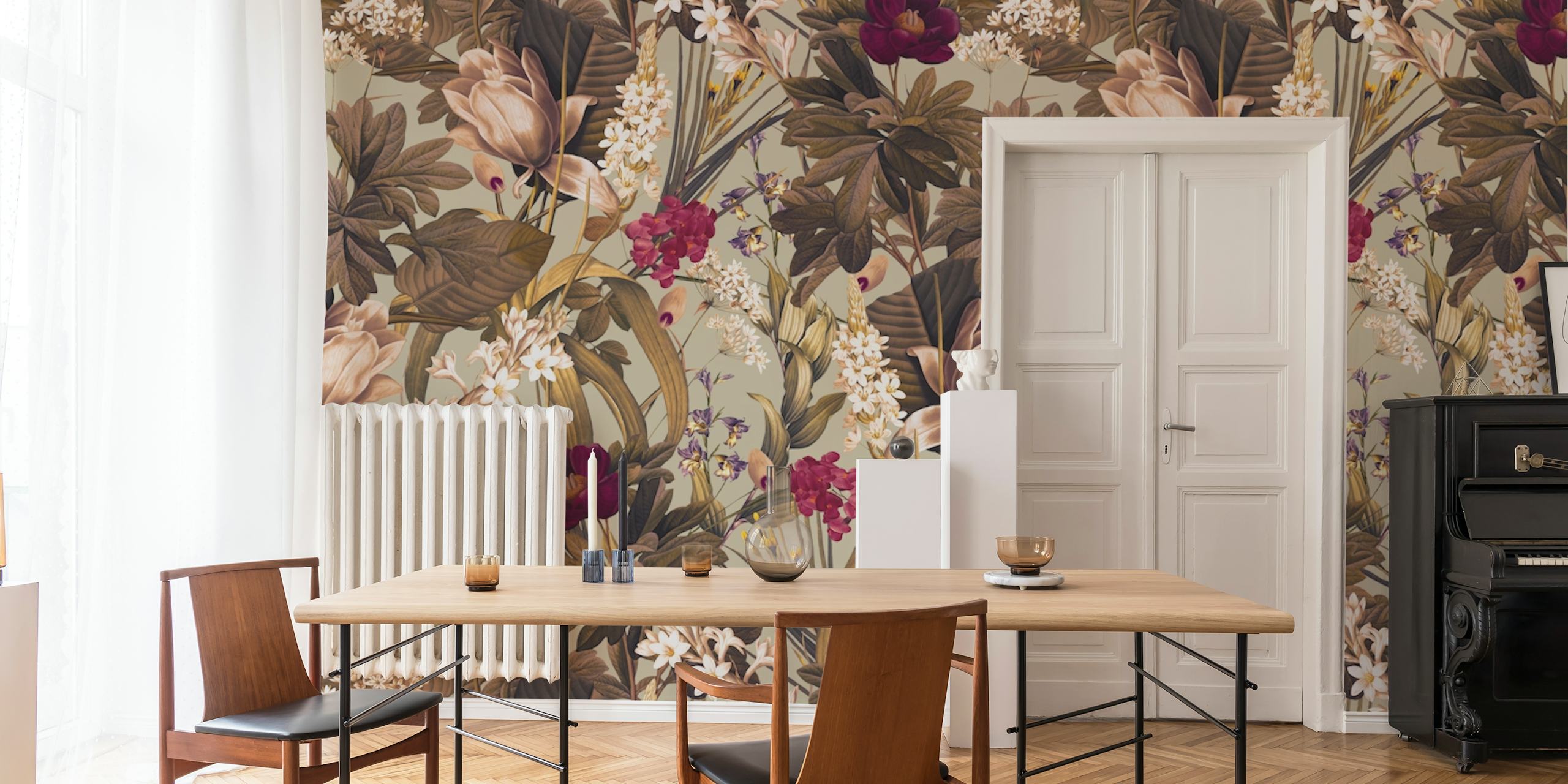 Garden of Eden IV wall mural with florals in burgundy, cream and brown