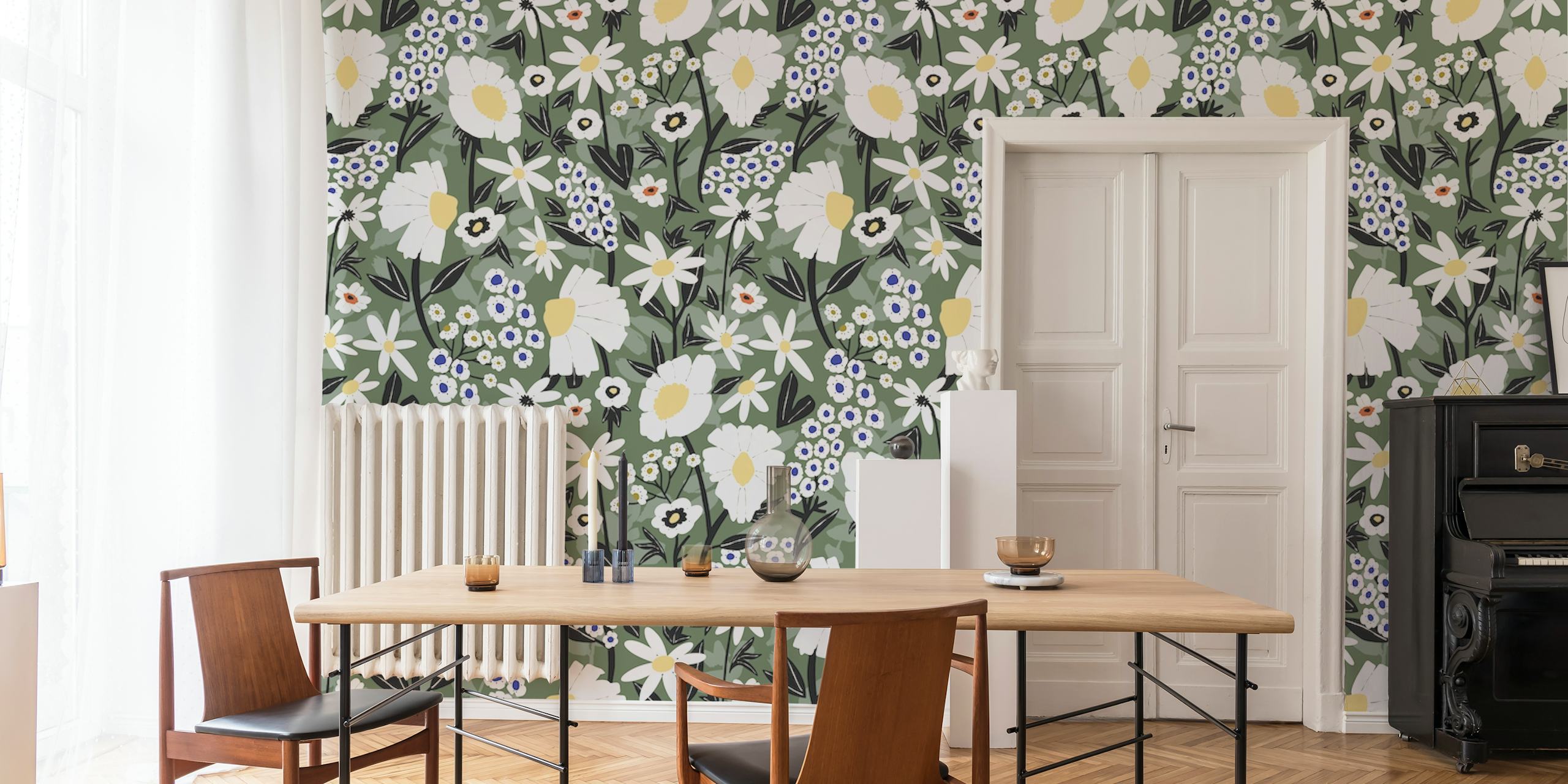 Meadow Forest Blossom wall mural with white flowers and green foliage pattern