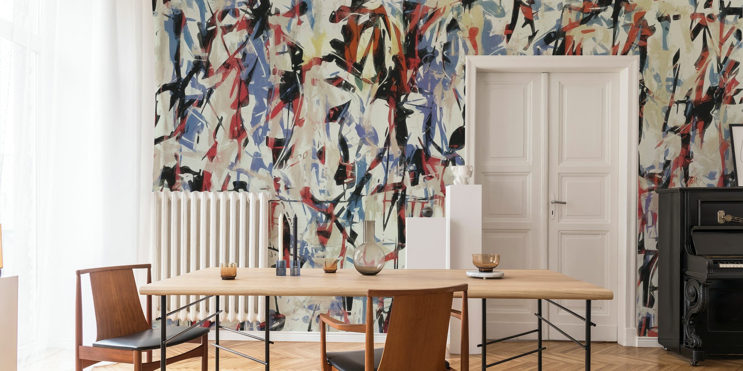 Abstract expressionist Pollock-style wall mural with vibrant splashes and strokes