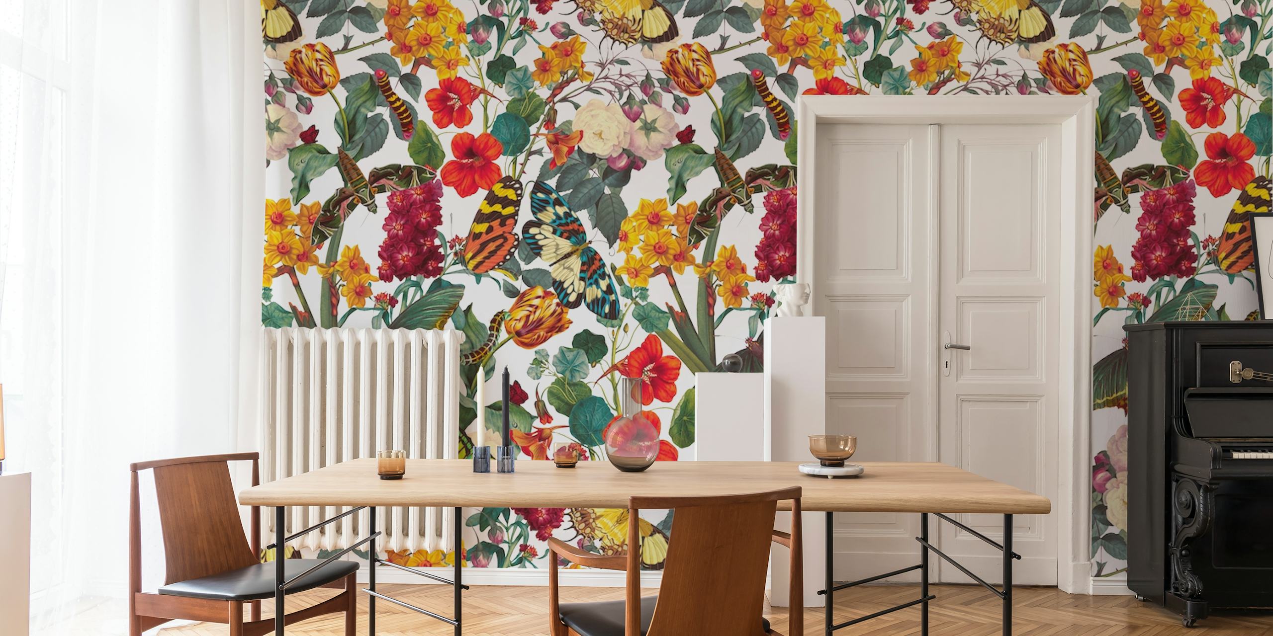 Butterflies and flowers in vivid colors on white wallpaper