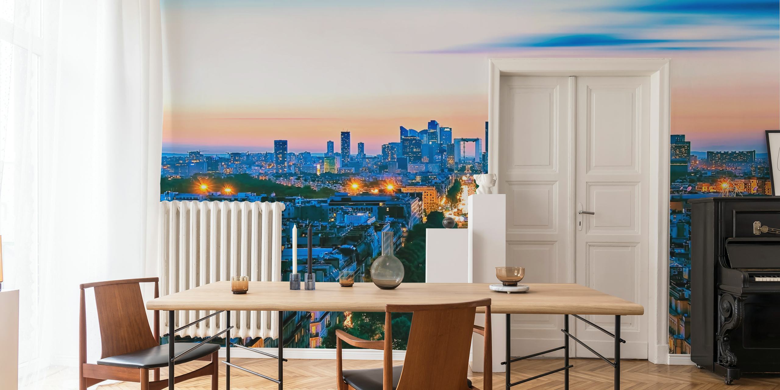 Paris skyline at dusk with city lights