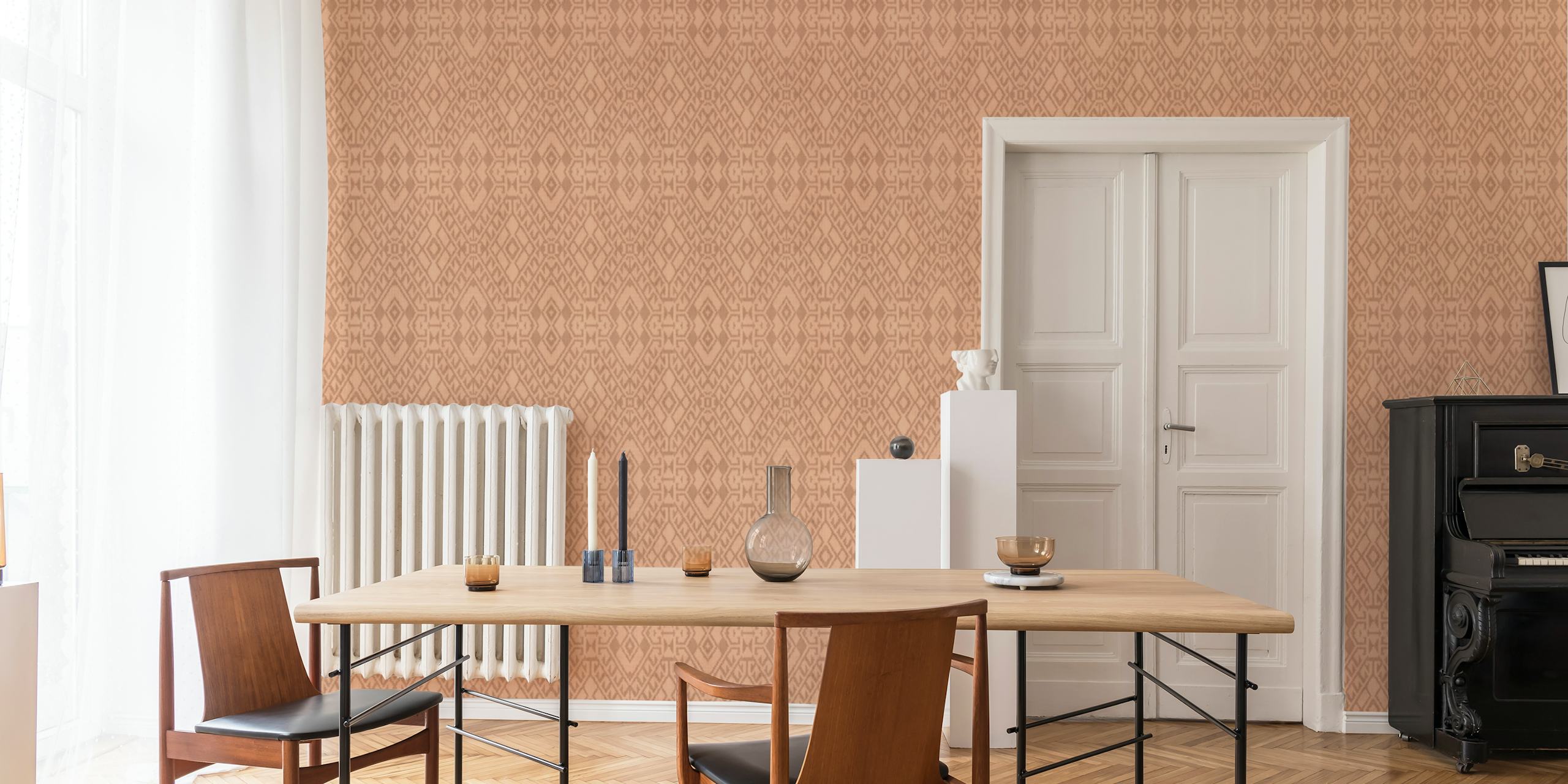 Carta da parati Boho Ikat Geo Peach con un caldo motivo geometrico nei toni della pesca