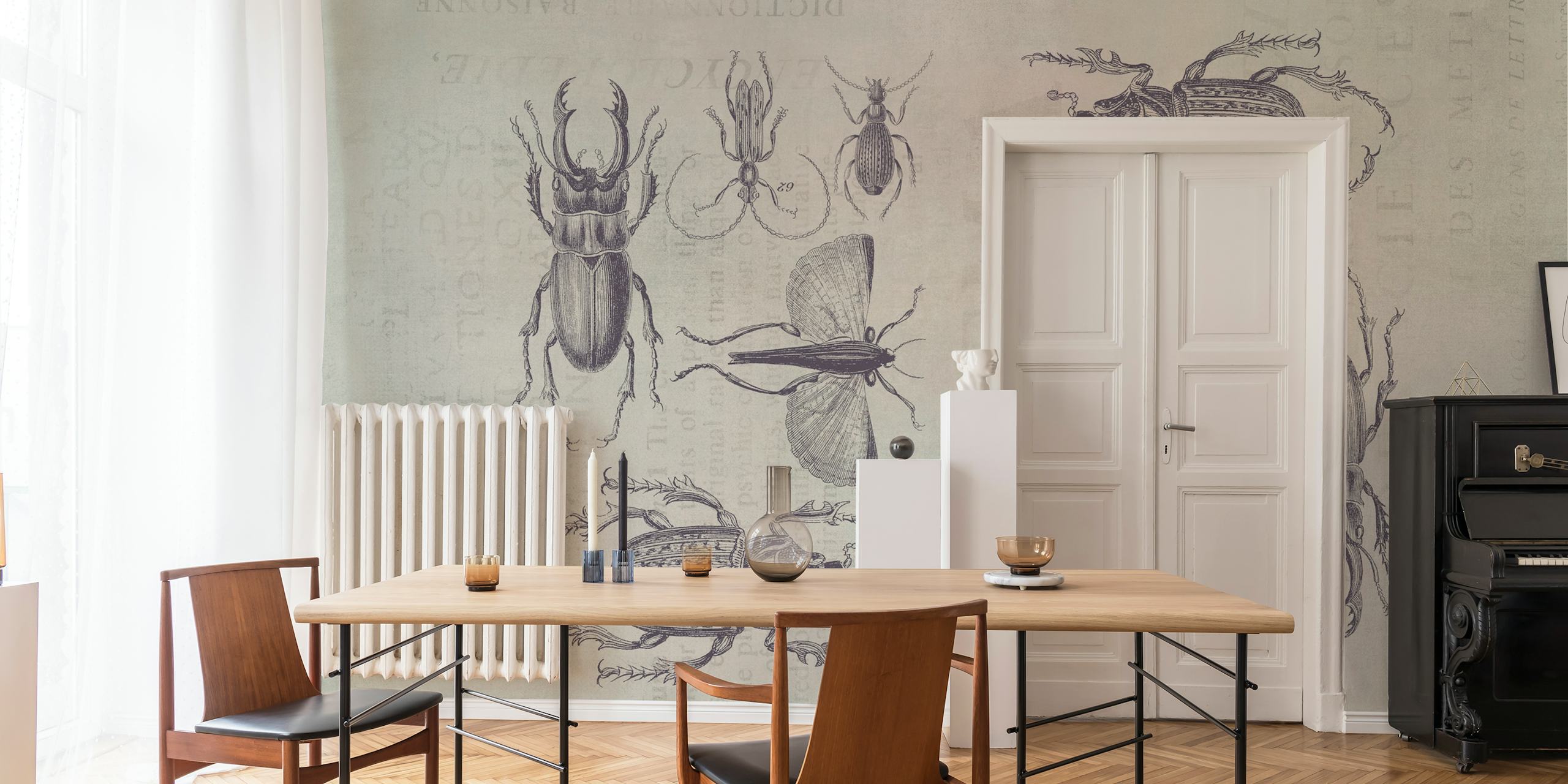 Carta da parati Bugs and Beetles con illustrazioni dettagliate di insetti su uno sfondo vintage