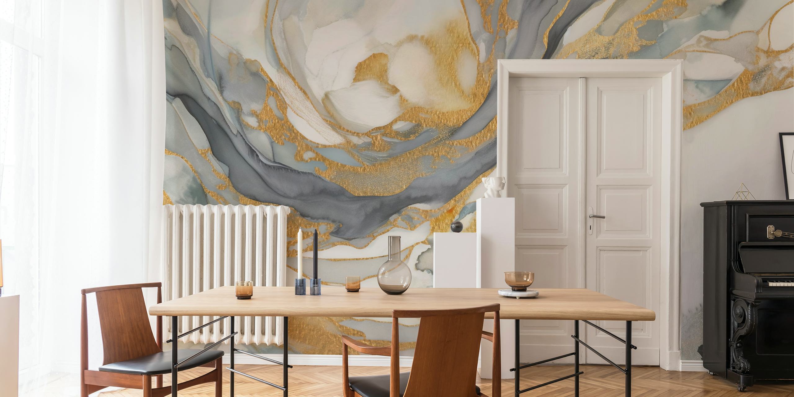Gold and gray abstract wallpaper with fluid patterns and elegant tones