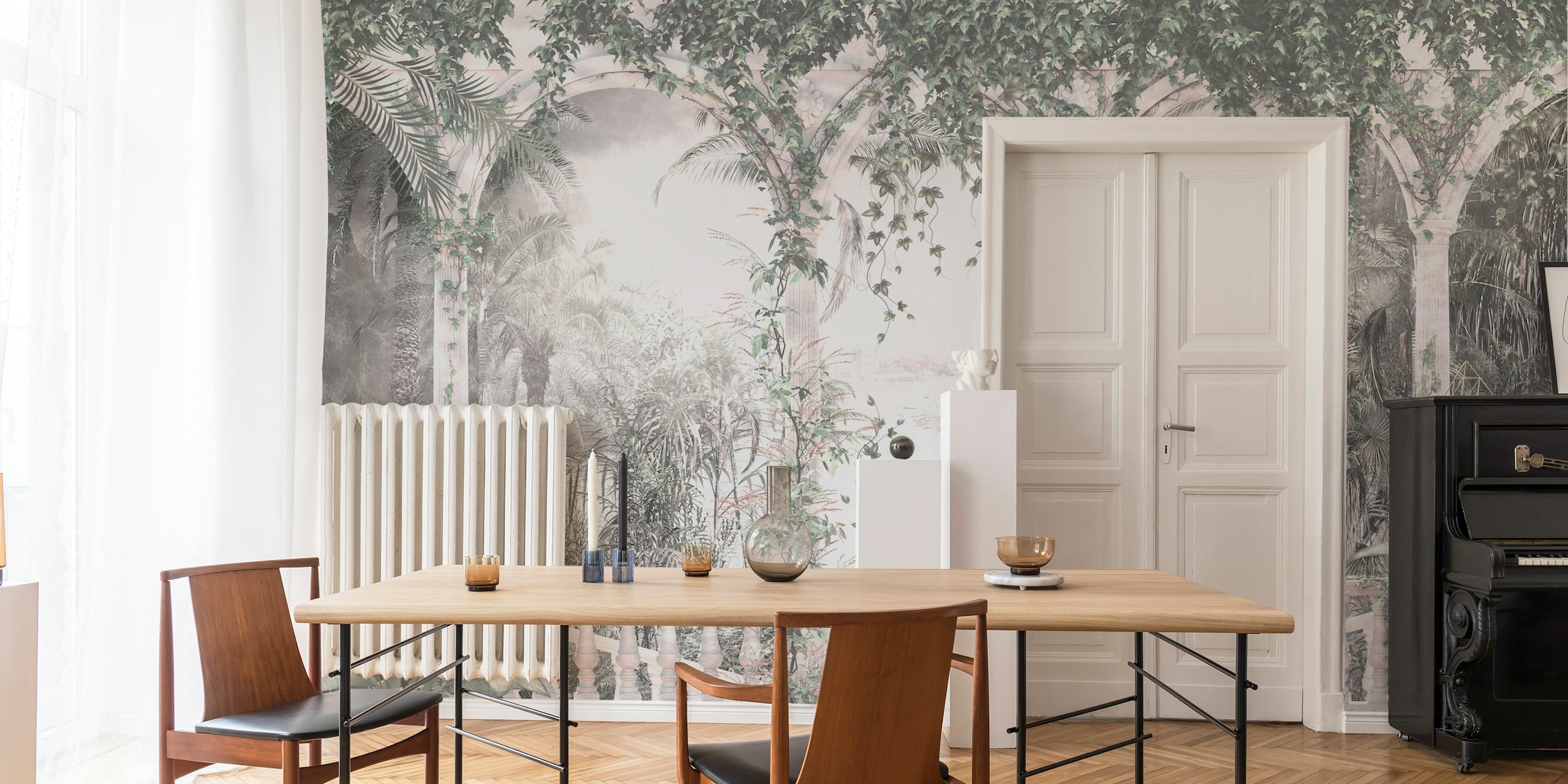 Lush greenery and arches in tropical garden wallpaper