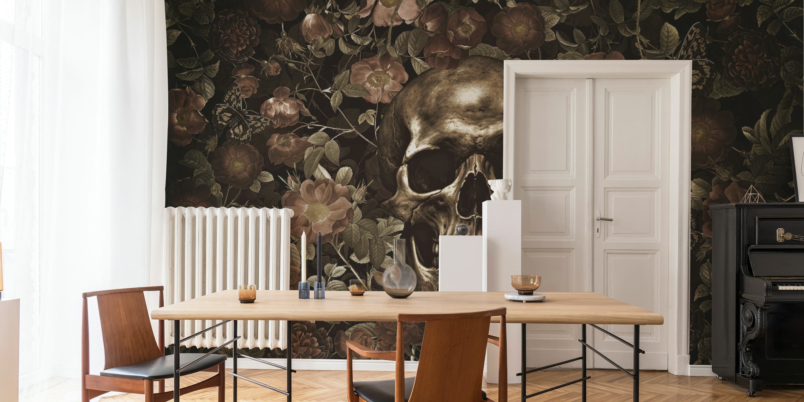 Skull surrounded by dark roses and foliage wallpaper