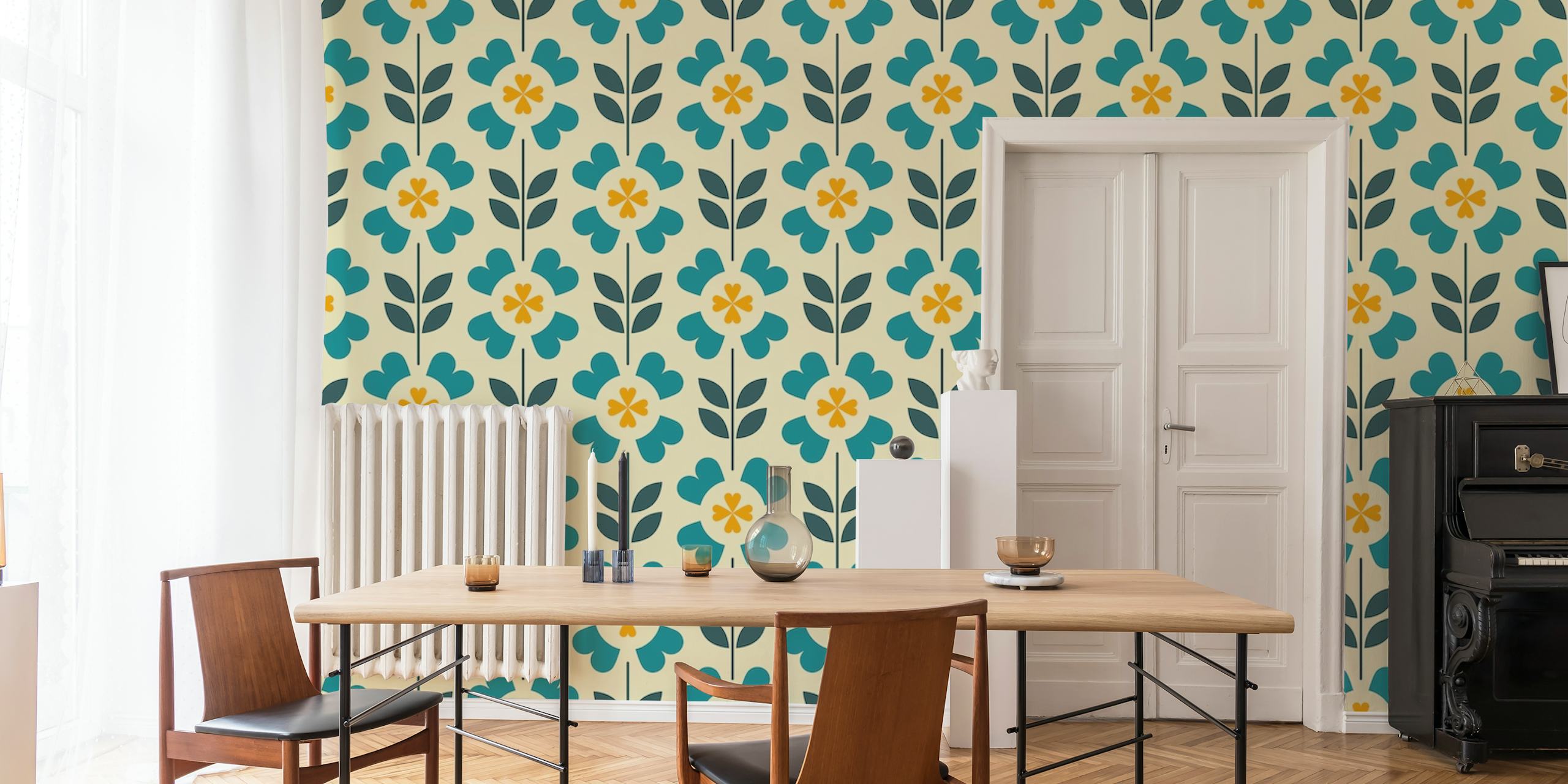 Retro floral pattern featuring teal and yellow flowers on a cream background wallpaper