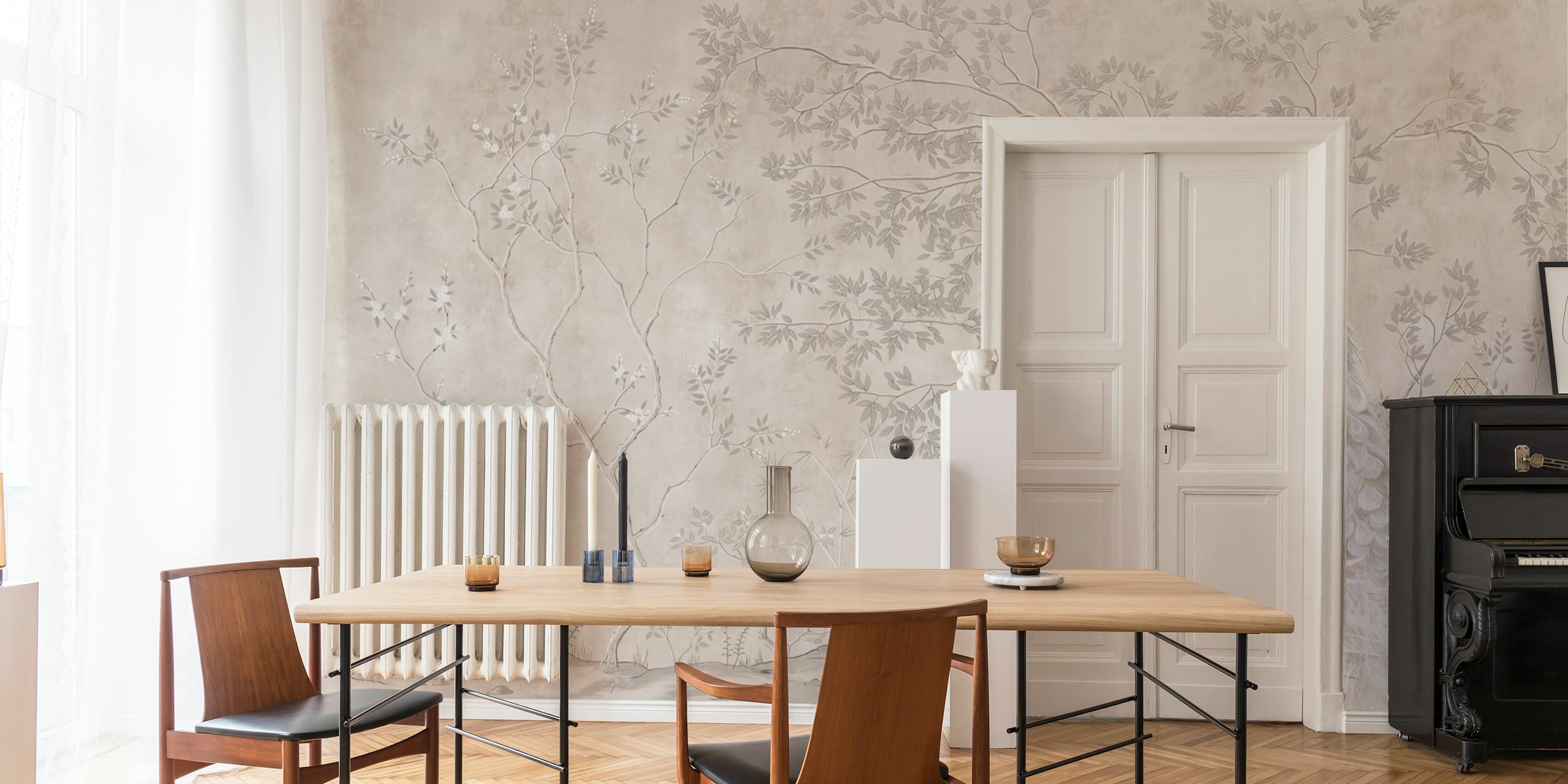 Chinoiserie wallpaper featuring peacocks, branches, muted colors, and delicate patterns