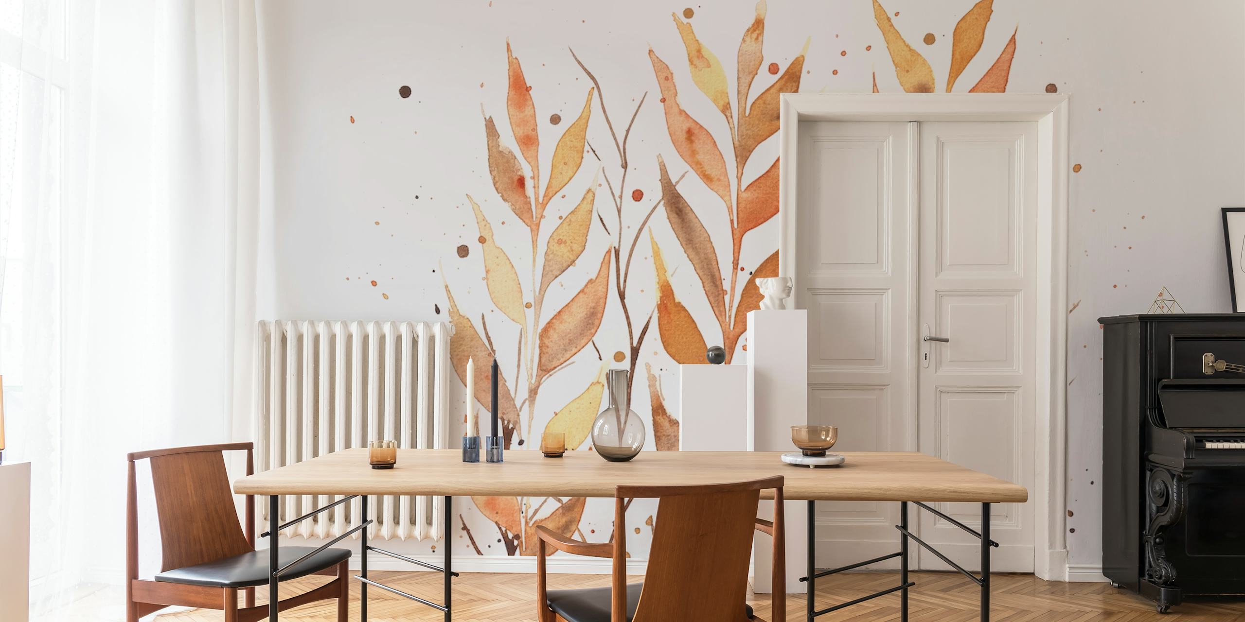 Rusty leaves pattern in warm colors on white background wallpaper