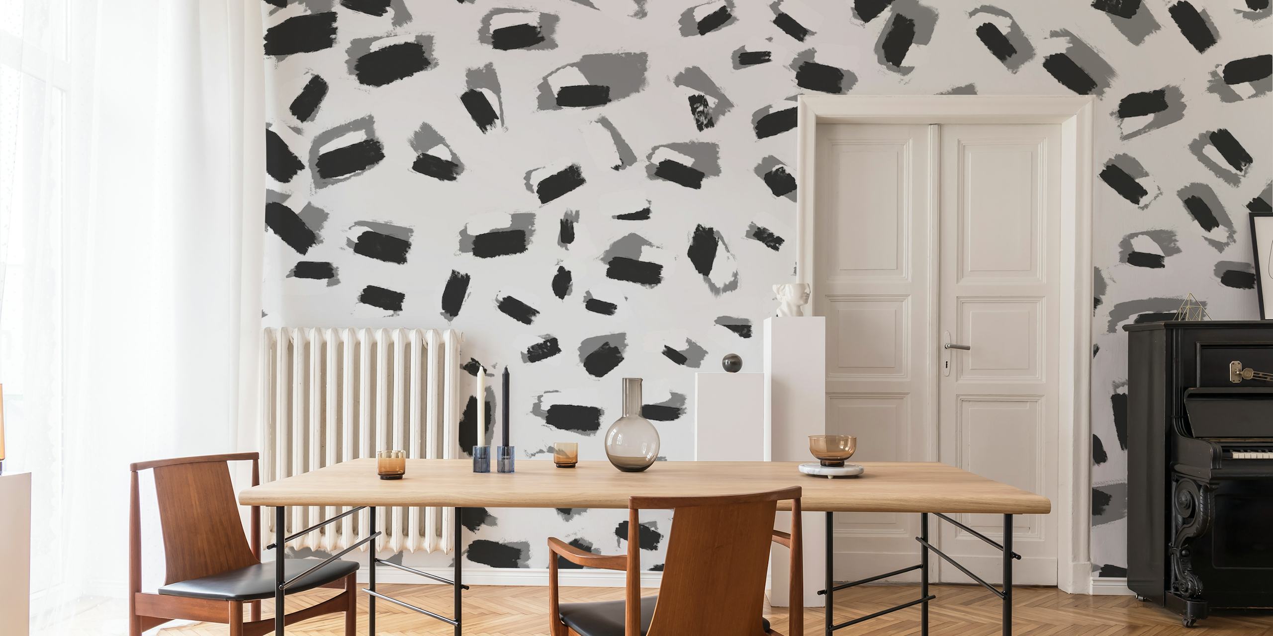 Abstract fotobehang met penseelstreekpatroon in zwart en wit