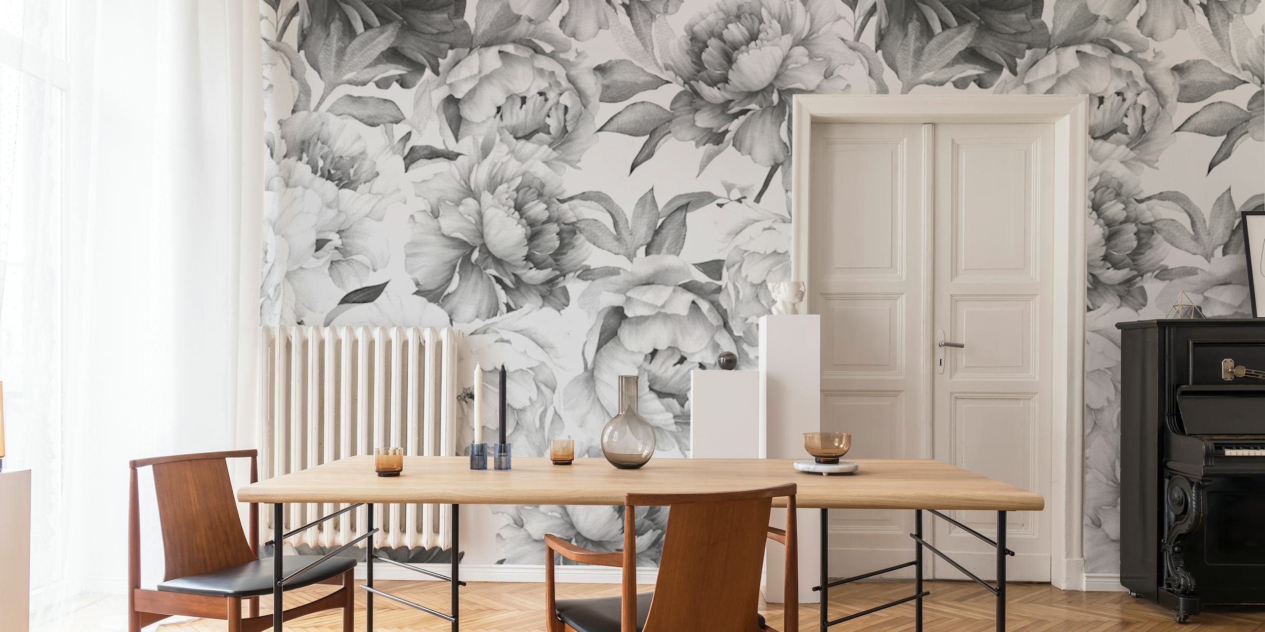 Peony flower designs in black and white wallpaper