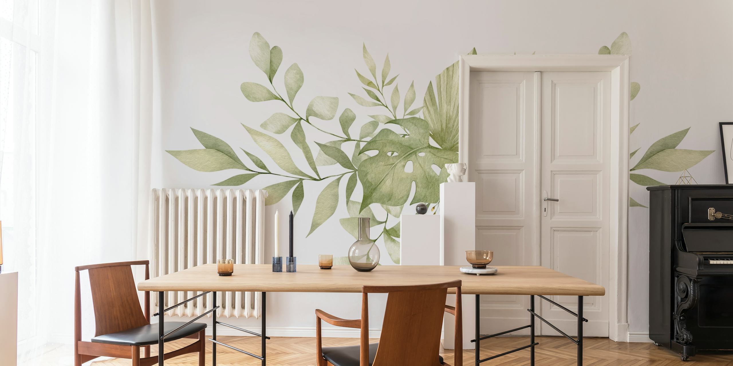 Botanical green leaf design wallpaper