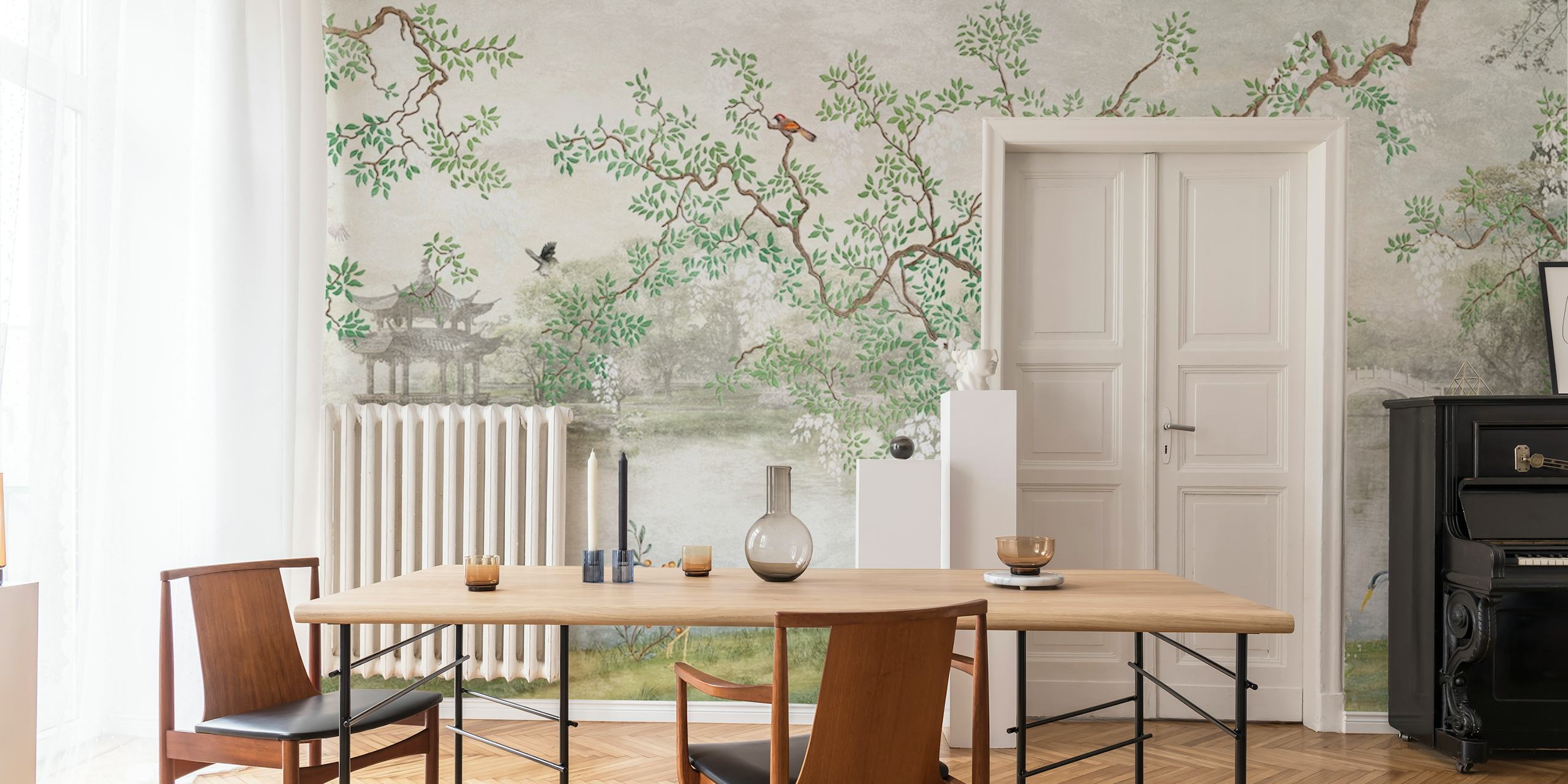 Japanese lake scene with flowering trees and birds wallpaper