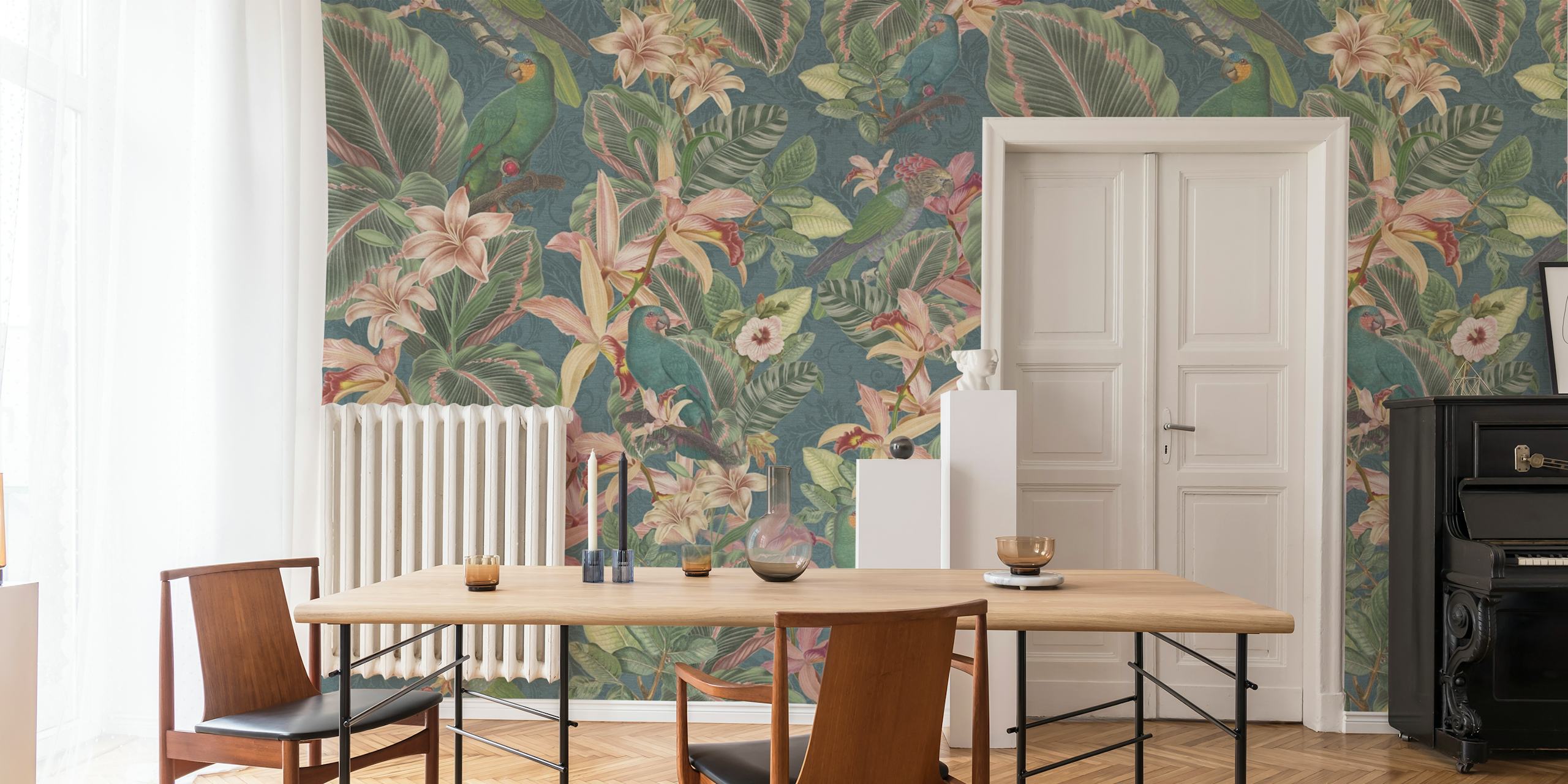 Tropical jungle birds teal wallpaper in a room