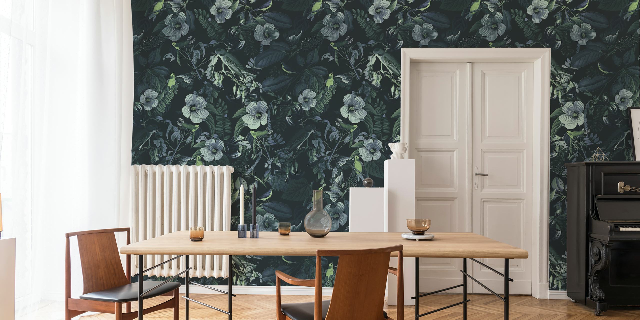Moody floral bird wall mural with intricate botanical details