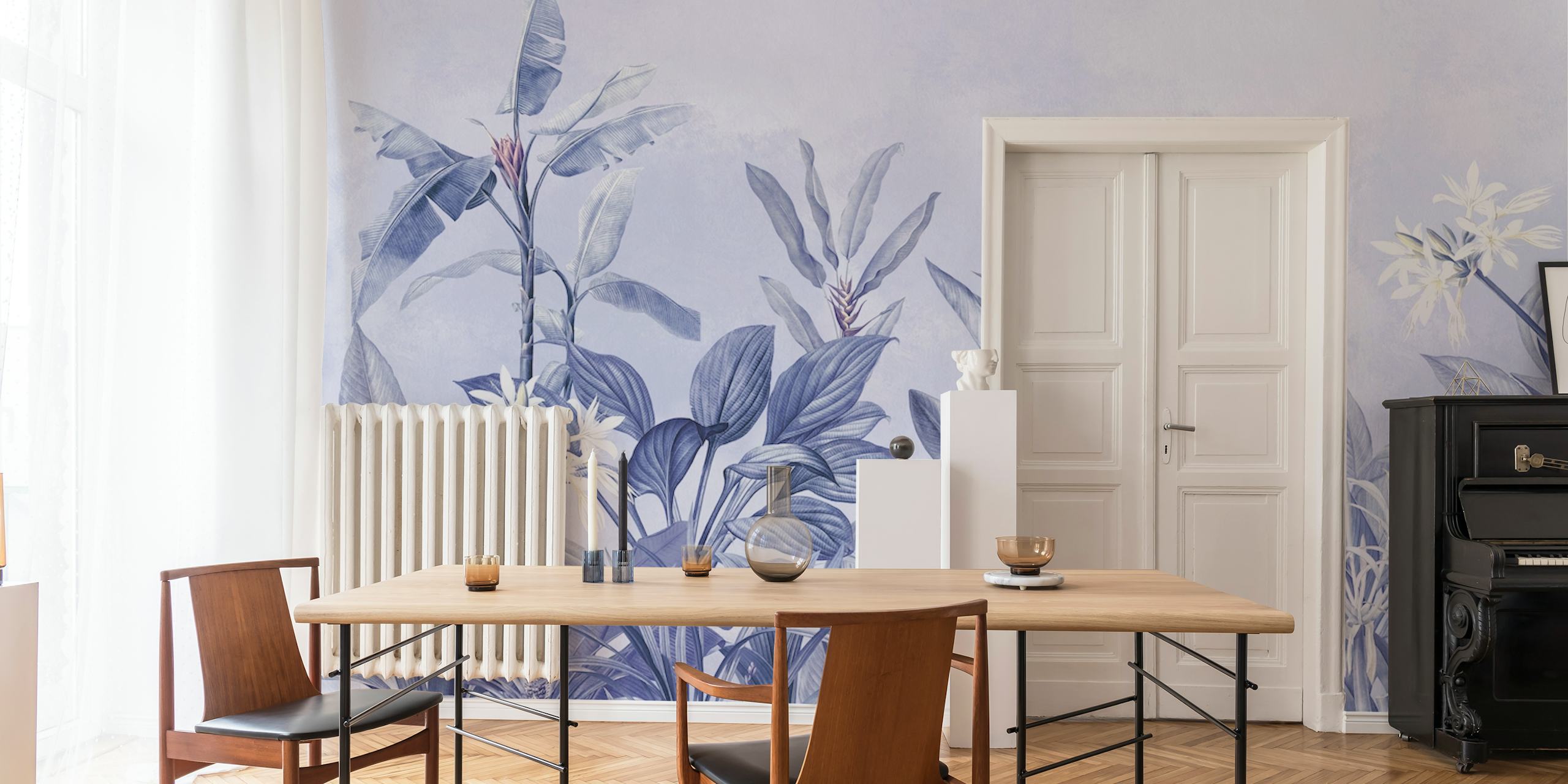 Elegant vintage botanical garden wall mural in shades of blue and white