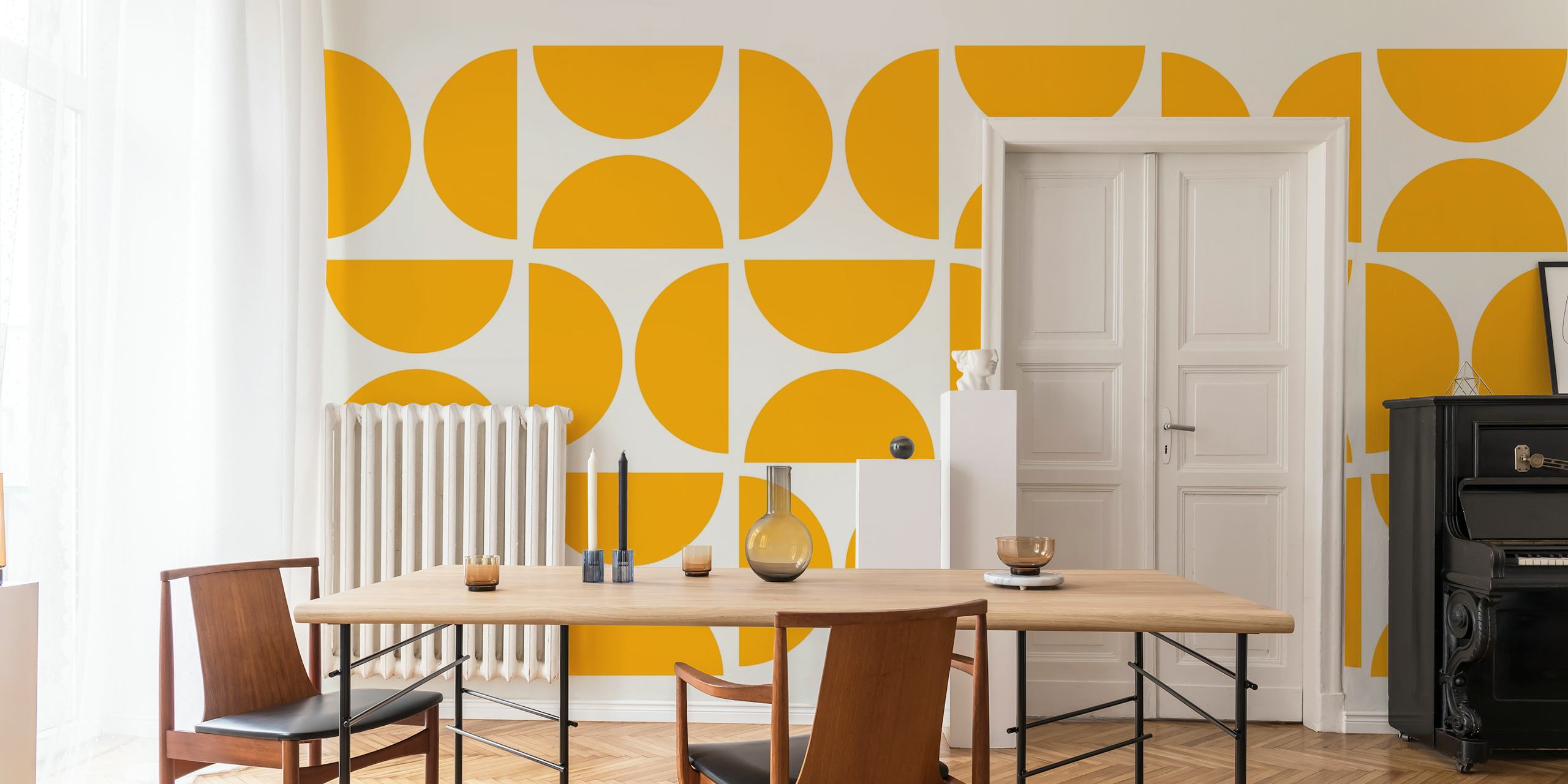 Geometric yellow shapes on a soft cream background wallpaper
