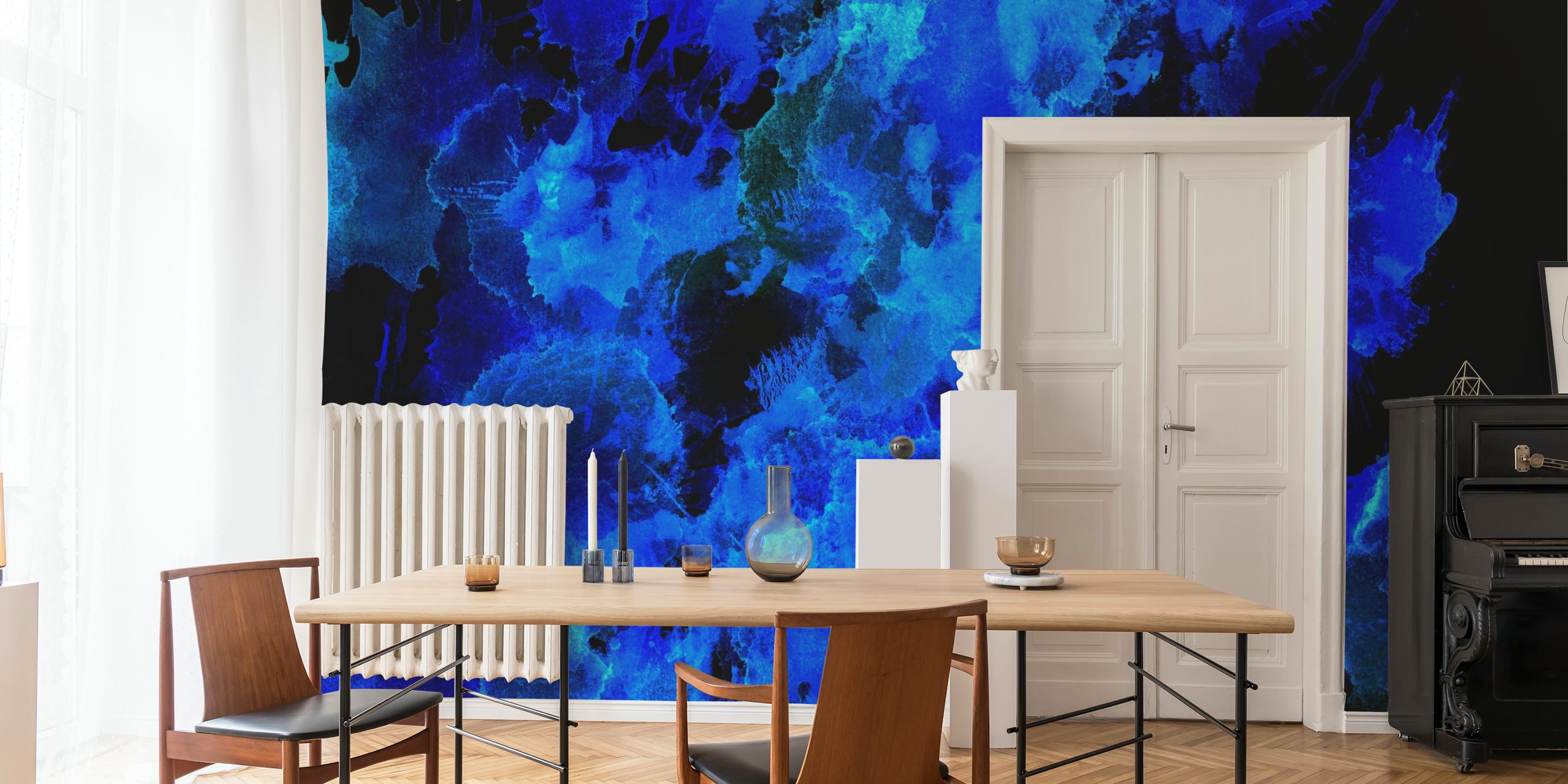 Abstract blue splash patterns on black wallpaper