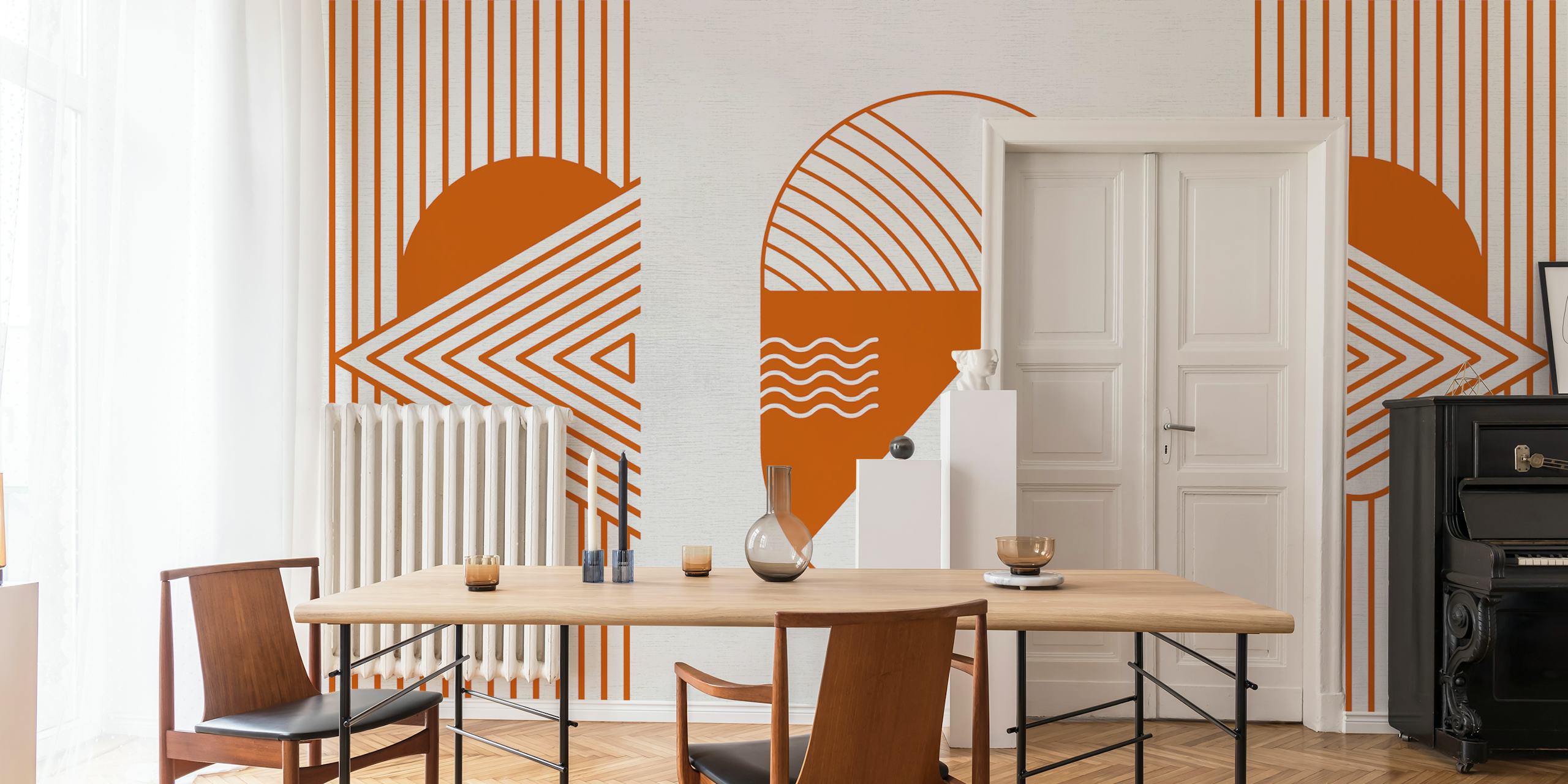 Retro-inspired cosmic dream explorer wall mural in orange rust tones with geometric shapes and space motifs.