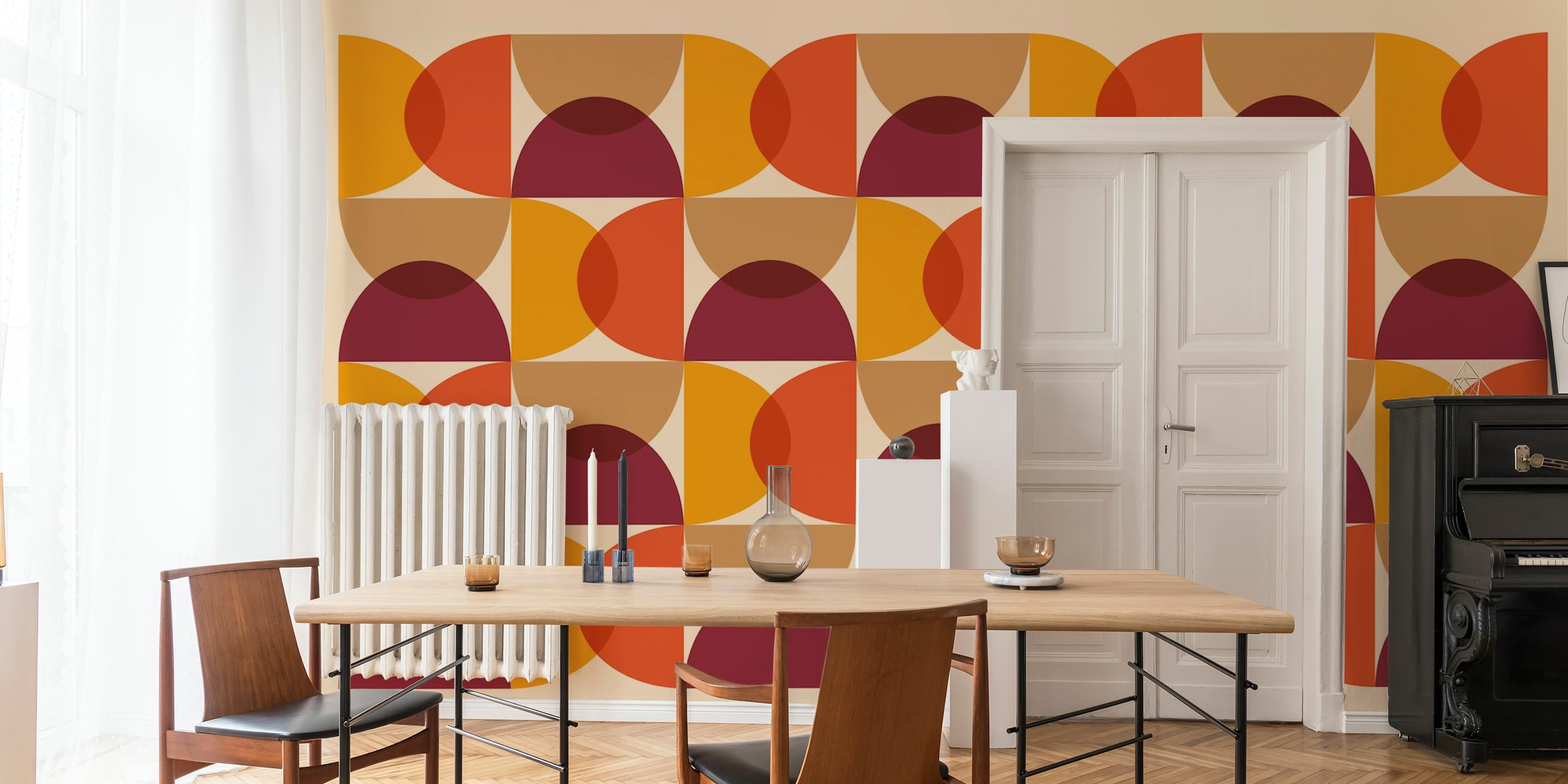 Geometric pattern in warm autumn colors including red, orange, and yellow wallpaper