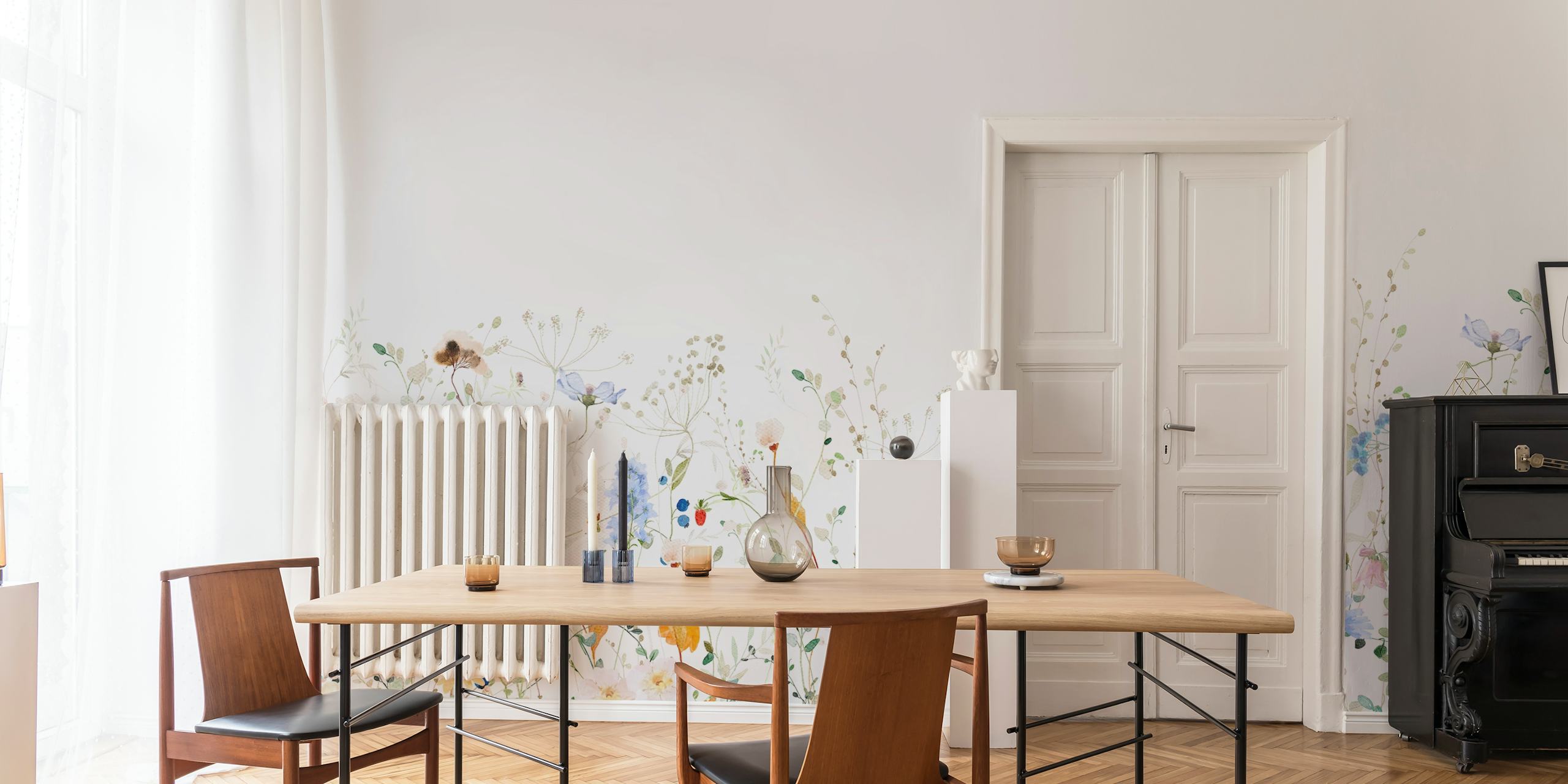 Colorful wildflower pattern with soft hues on white wallpaper