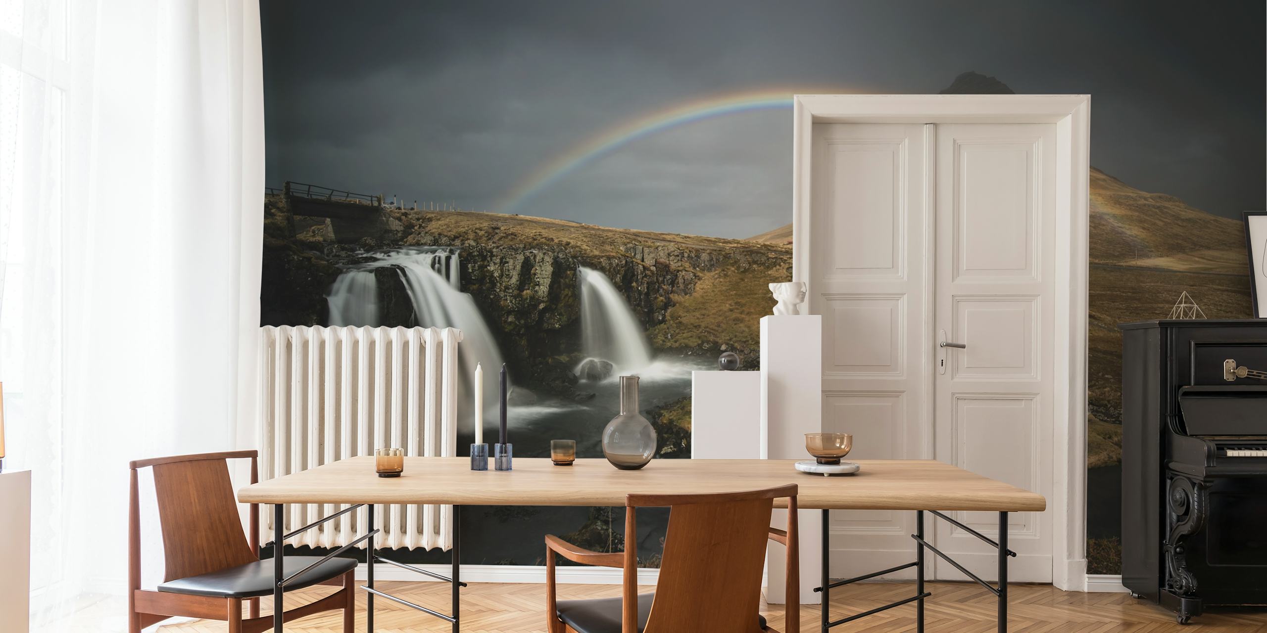Kirkjufell mountain in Iceland with waterfall and rainbow wall mural