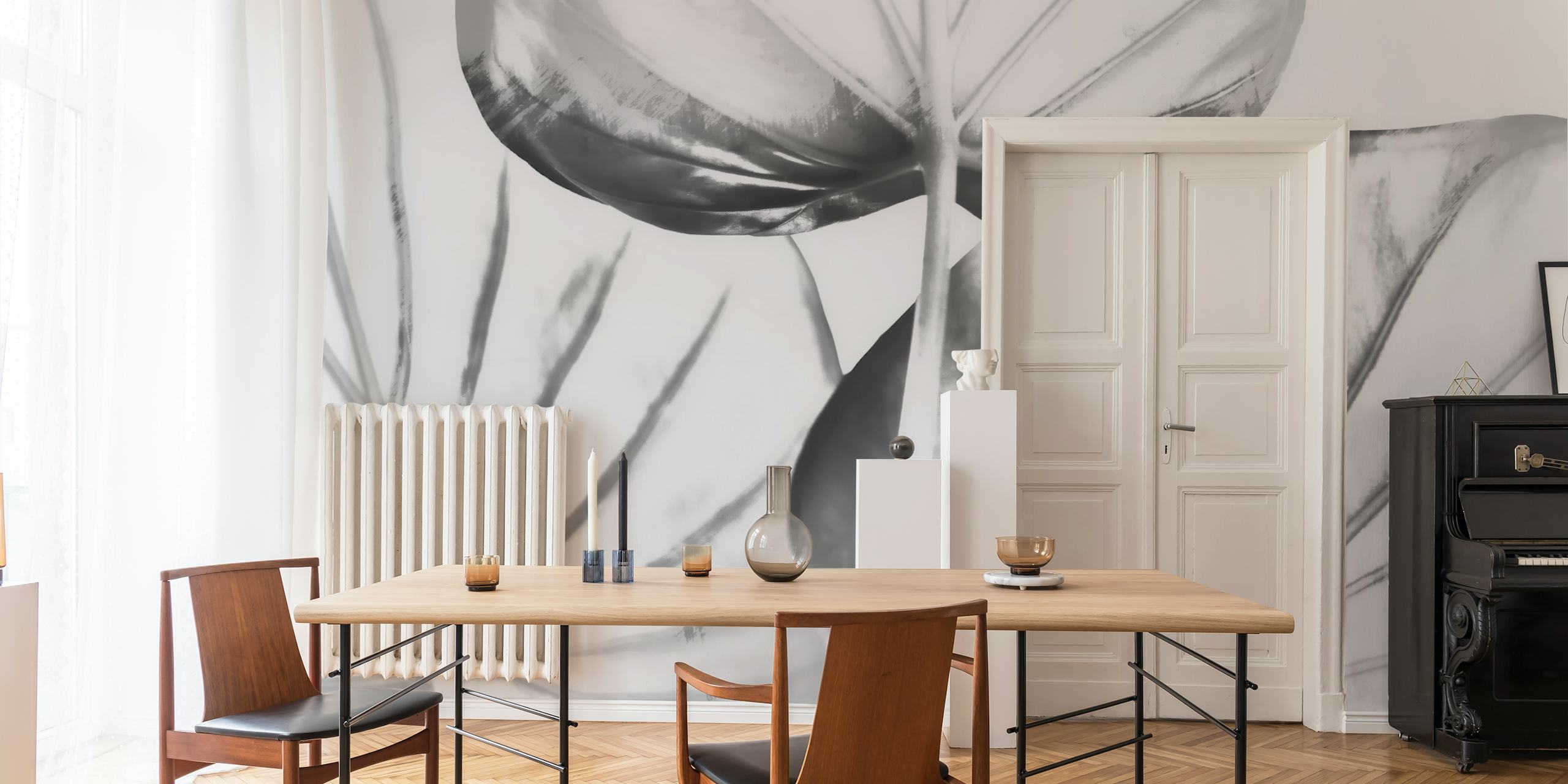 Japandi leaf drawing wallpaper in a room