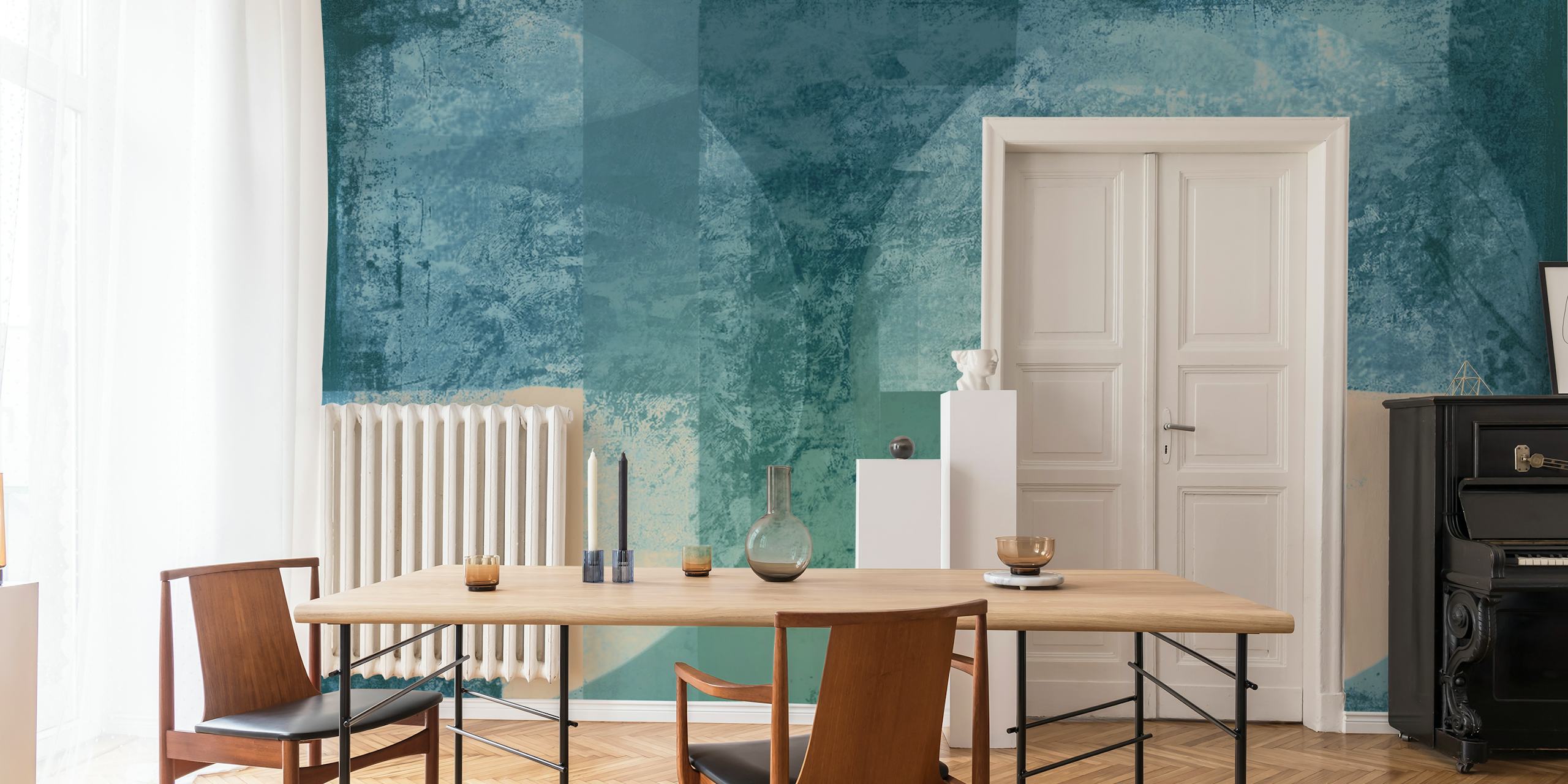 Apstraktna ručno rađena zidna slika Teal Bauhaus s geometrijskim dizajnom