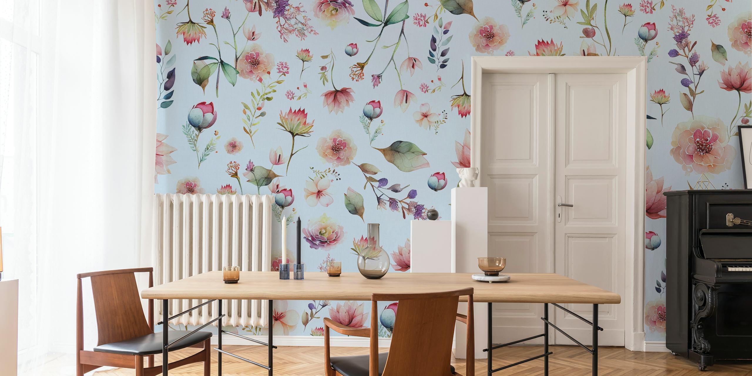 Colorful floral wallpaper with pink, lavender, and green elements on a blue background