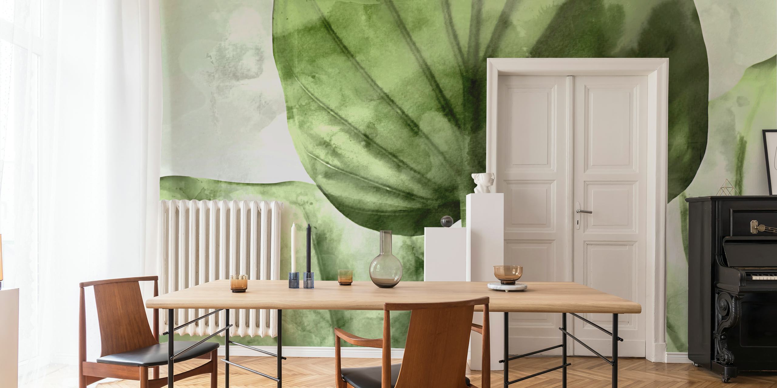 Japandi Leaf Watercolor Tapete in einem Raum