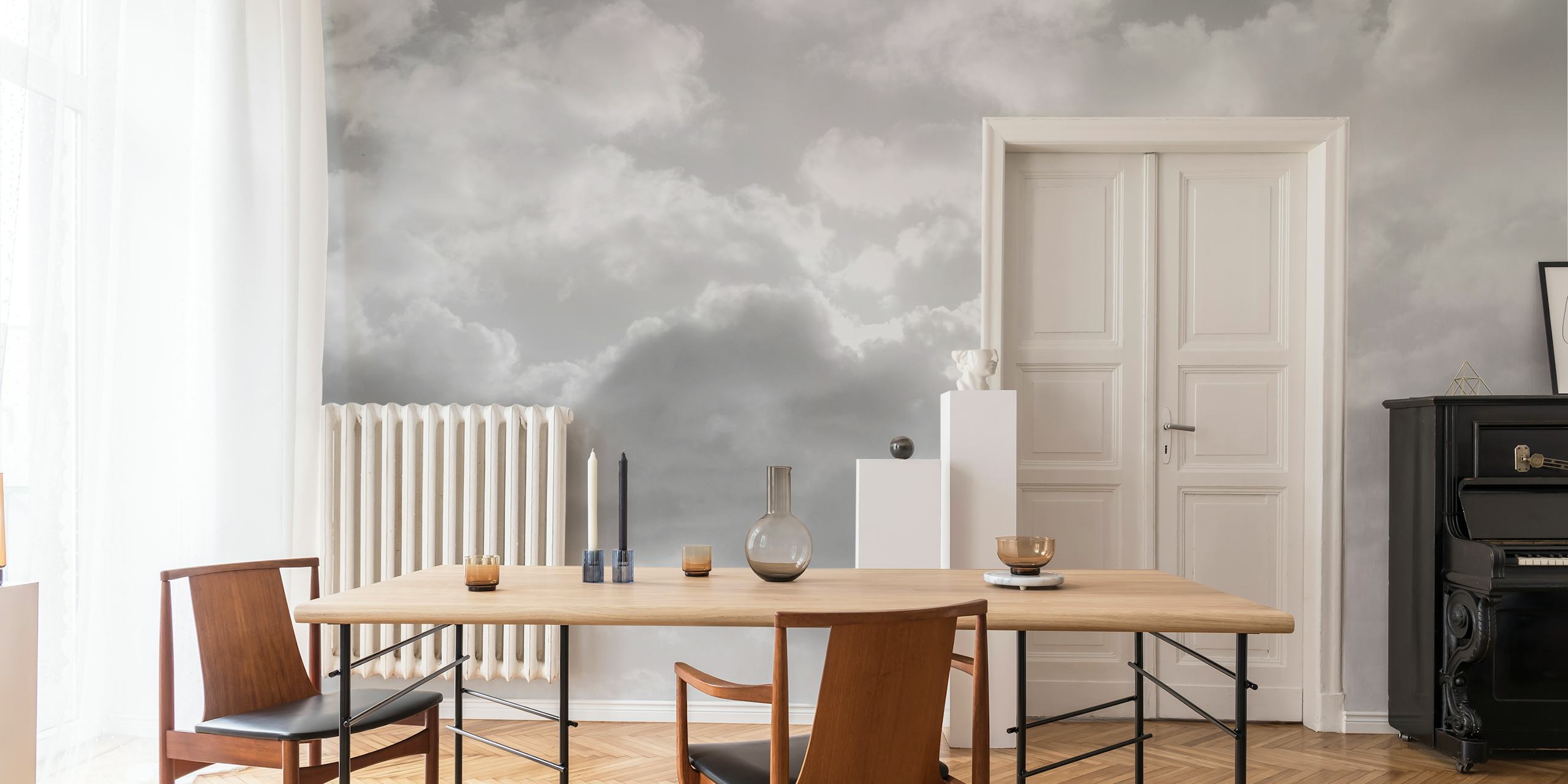 Black and white cloud wallpaper in a room
