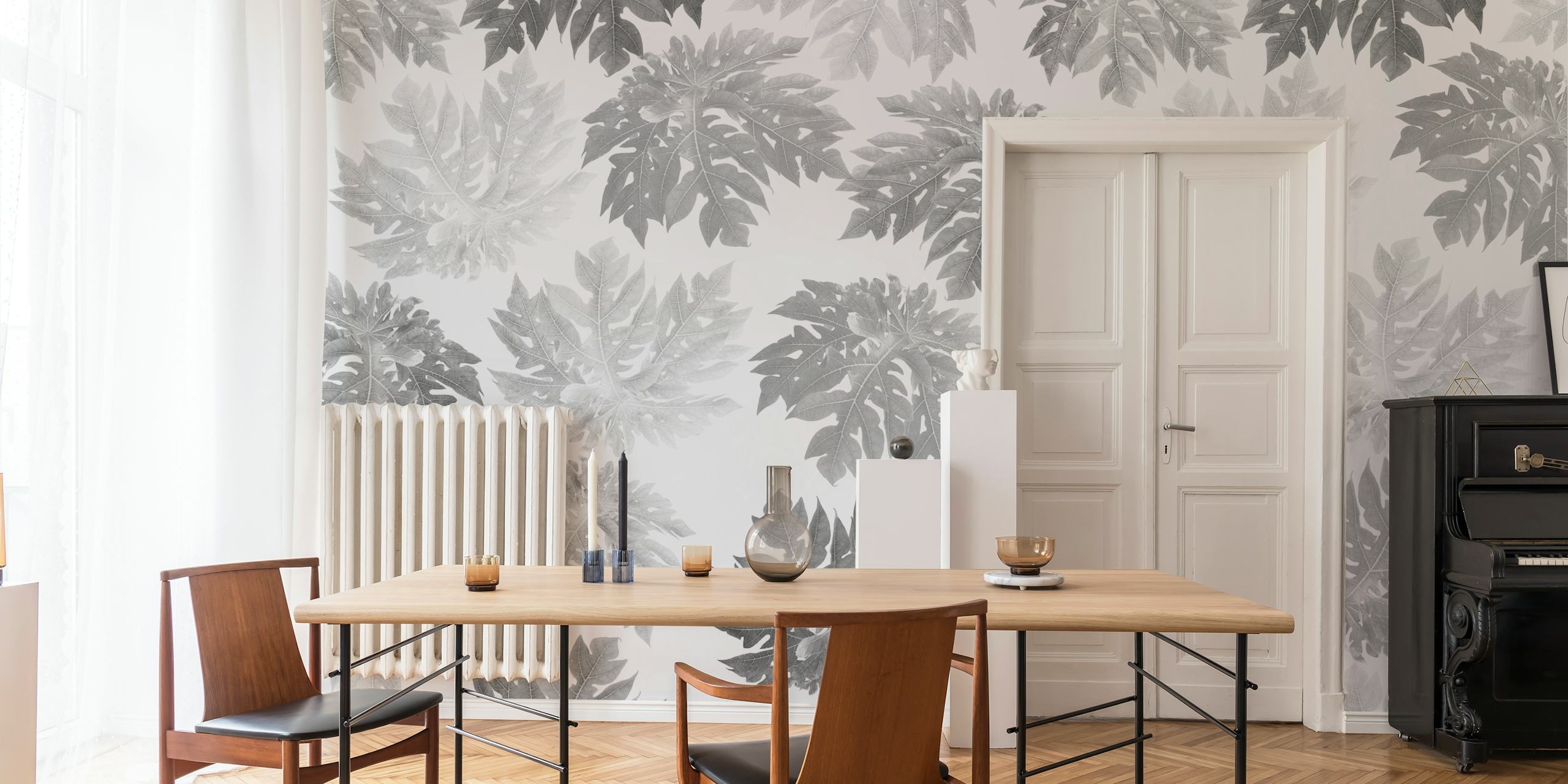 Tropical leaves pattern in shades of black and white wallpaper