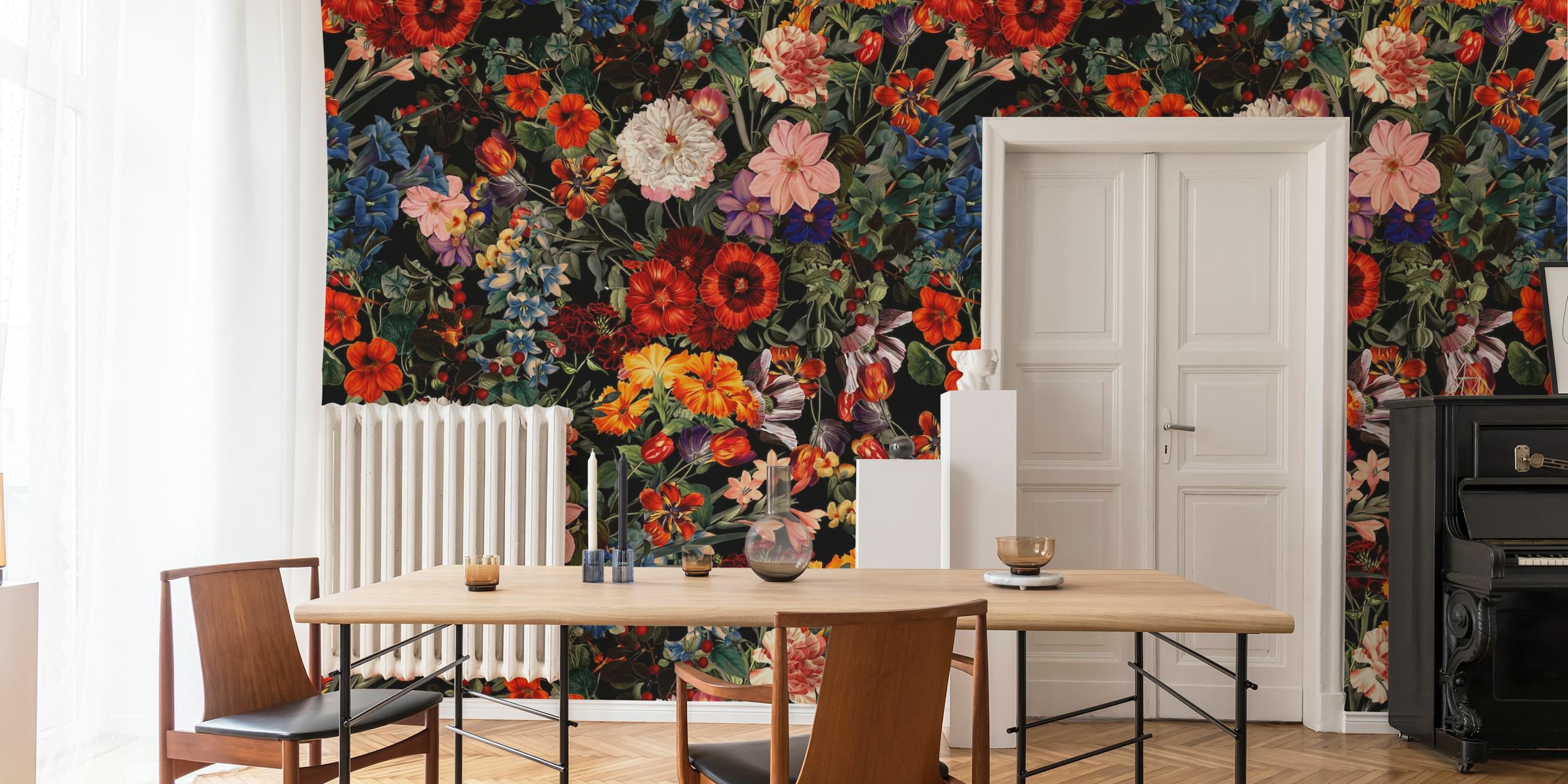 Colorful floral design with red, orange, purple, and blue flowers on a dark background wallpaper