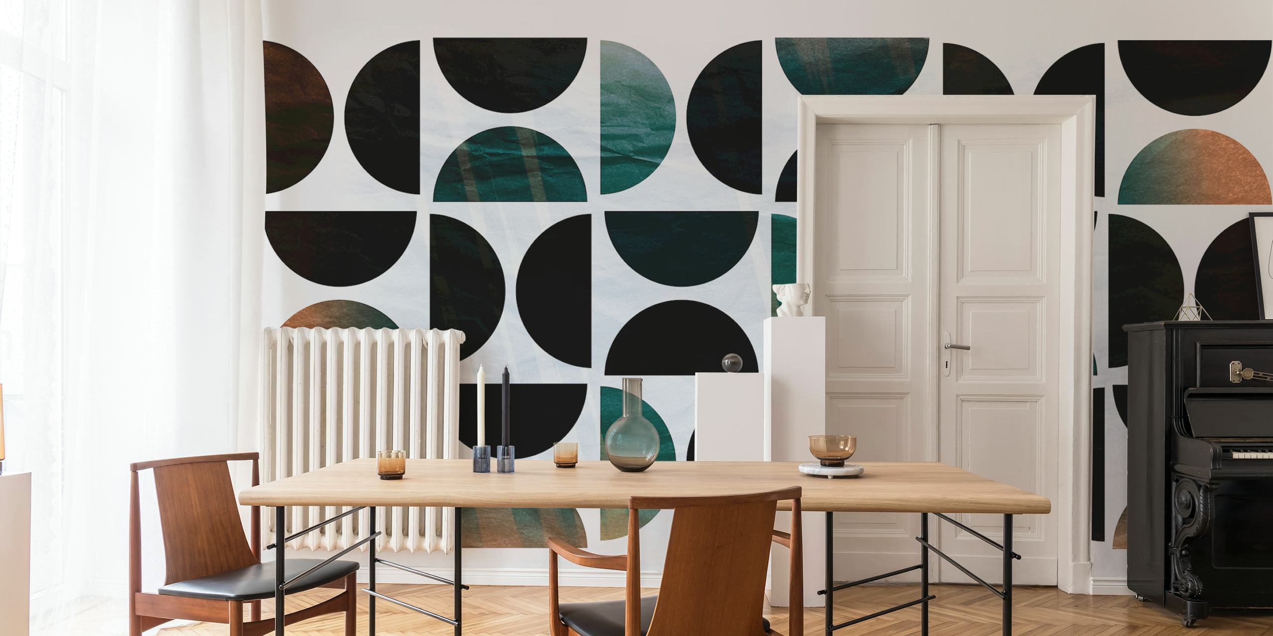 Geometric black and teal patterns with copper accents wallpaper