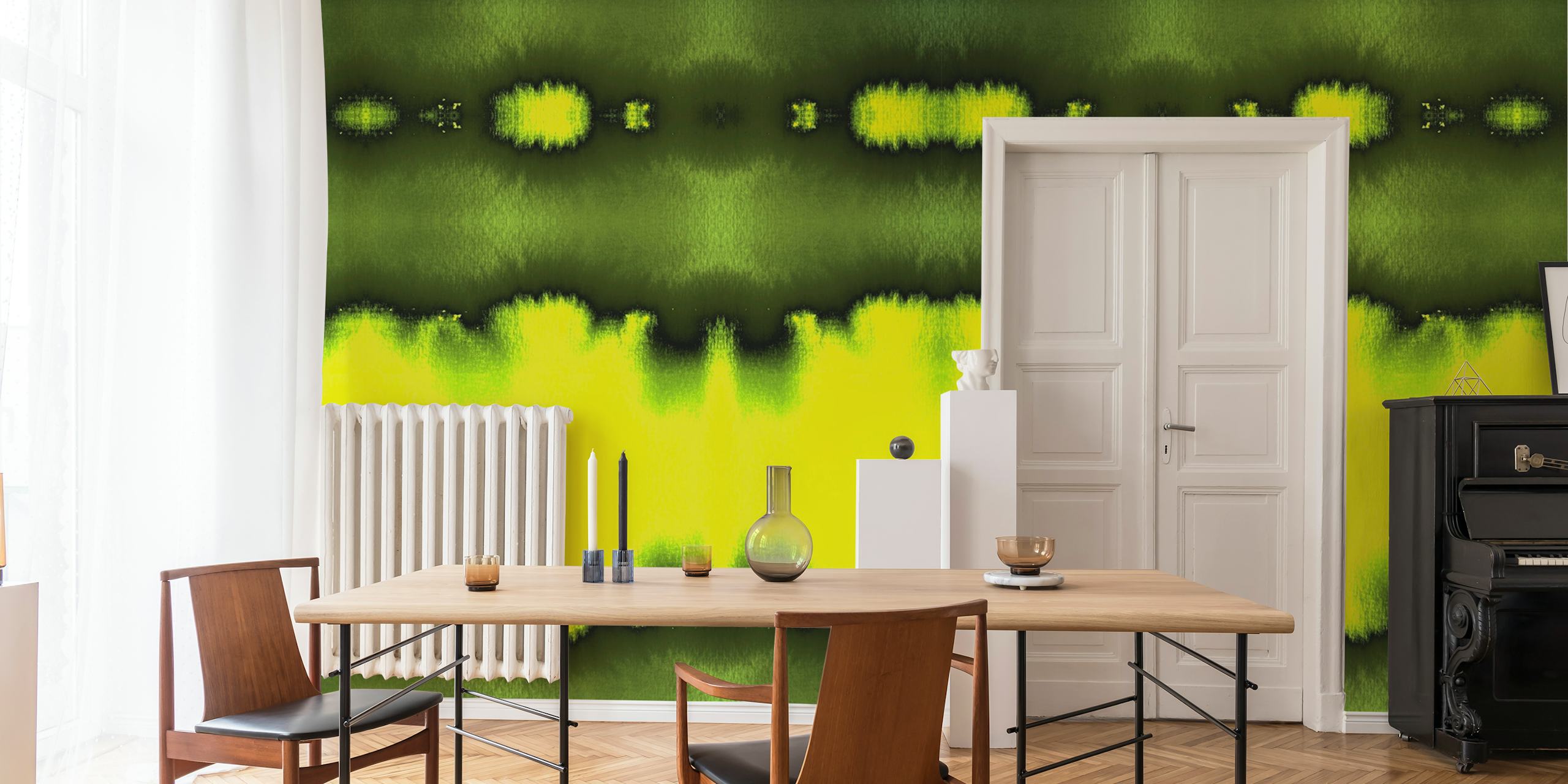 Murale murale abstraite au néon représentant une interprétation stylisée d'un lever de soleil japonais