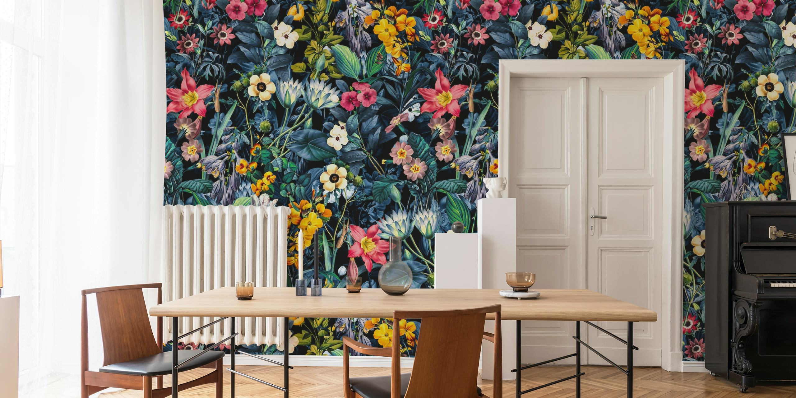 Colorful floral pattern with pink, yellow, and white flowers on dark foliage wallpaper