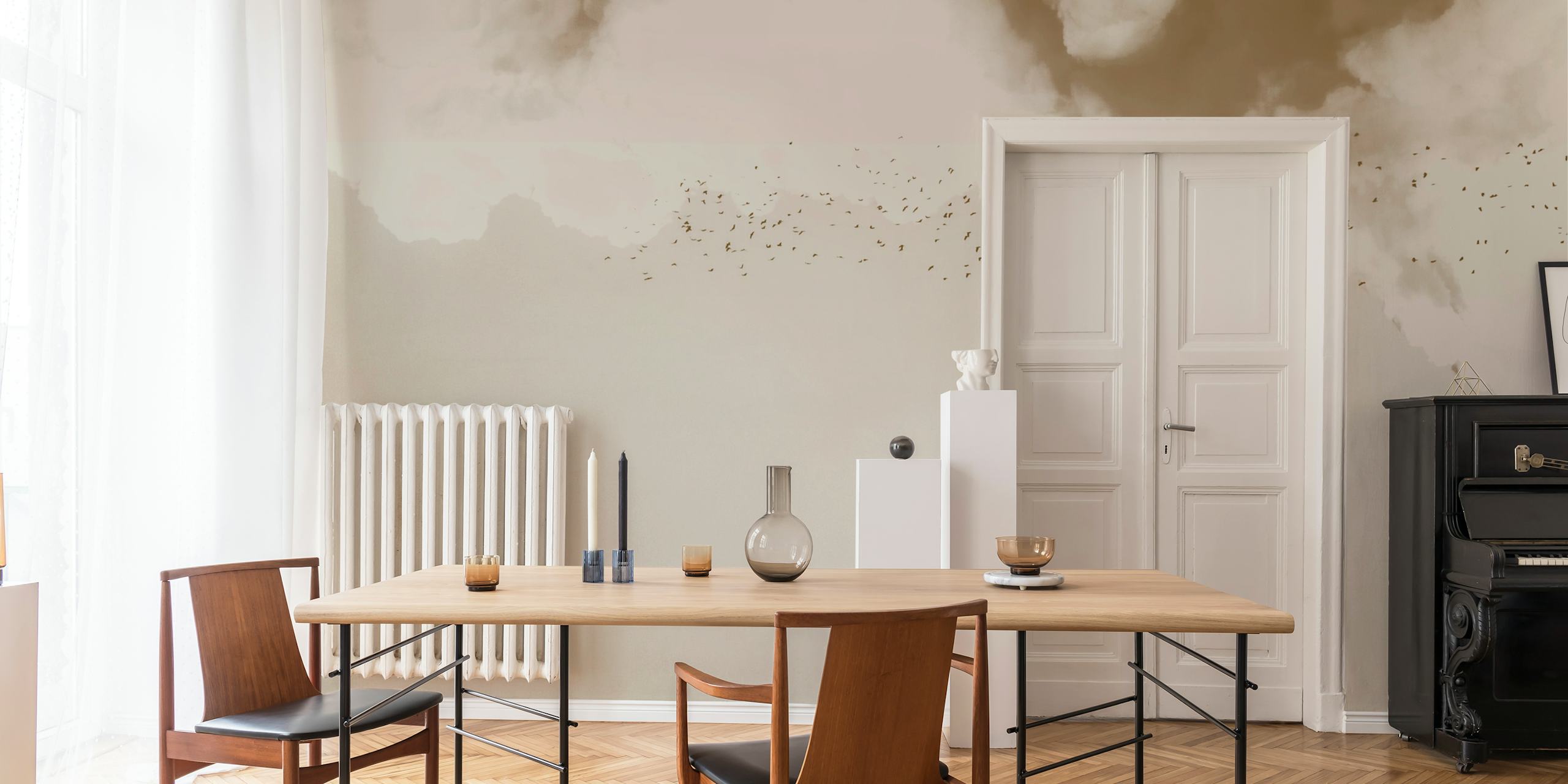 Ταπετσαρία Soft Neutral Bird Clouds εμφανίζεται σε ένα δωμάτιο