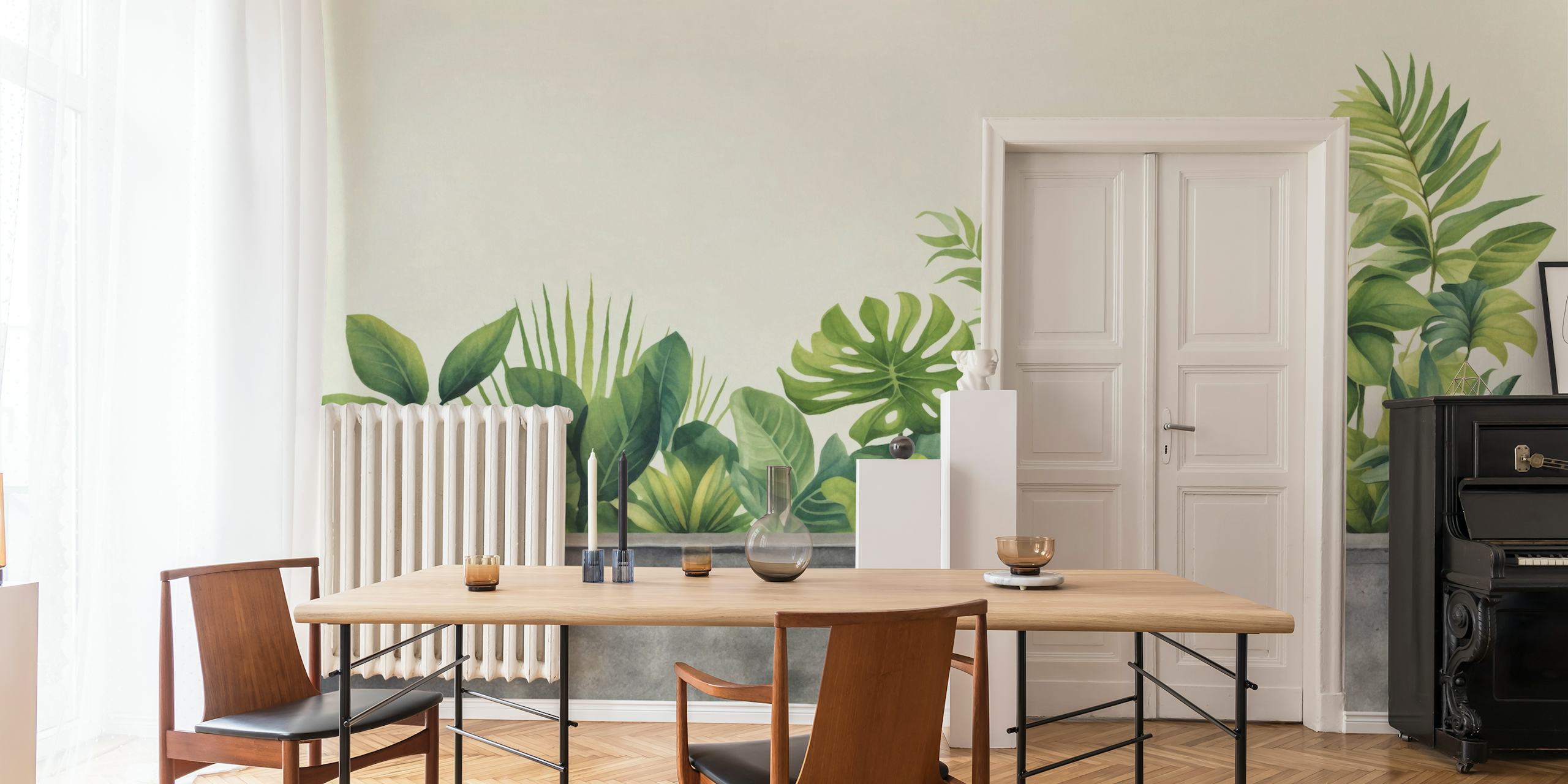 Urban Gardening Tropical Green Watercolor wall mural with lush foliage over grey background