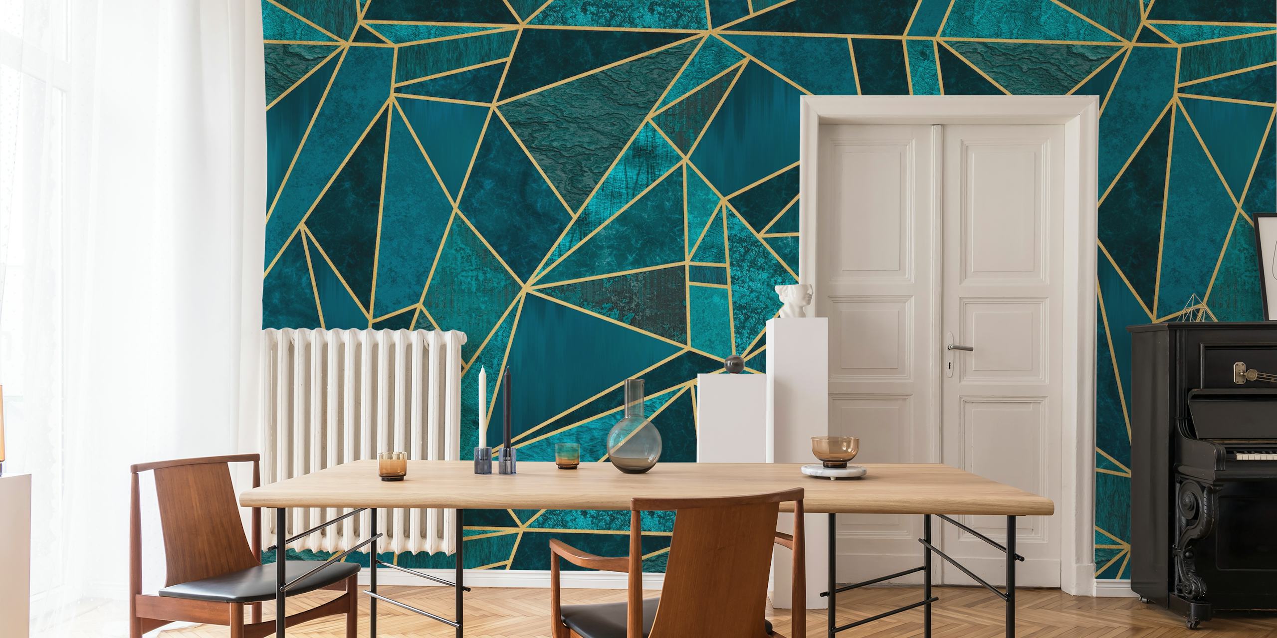 Teal geometrische textuur wallpaper in een kamer