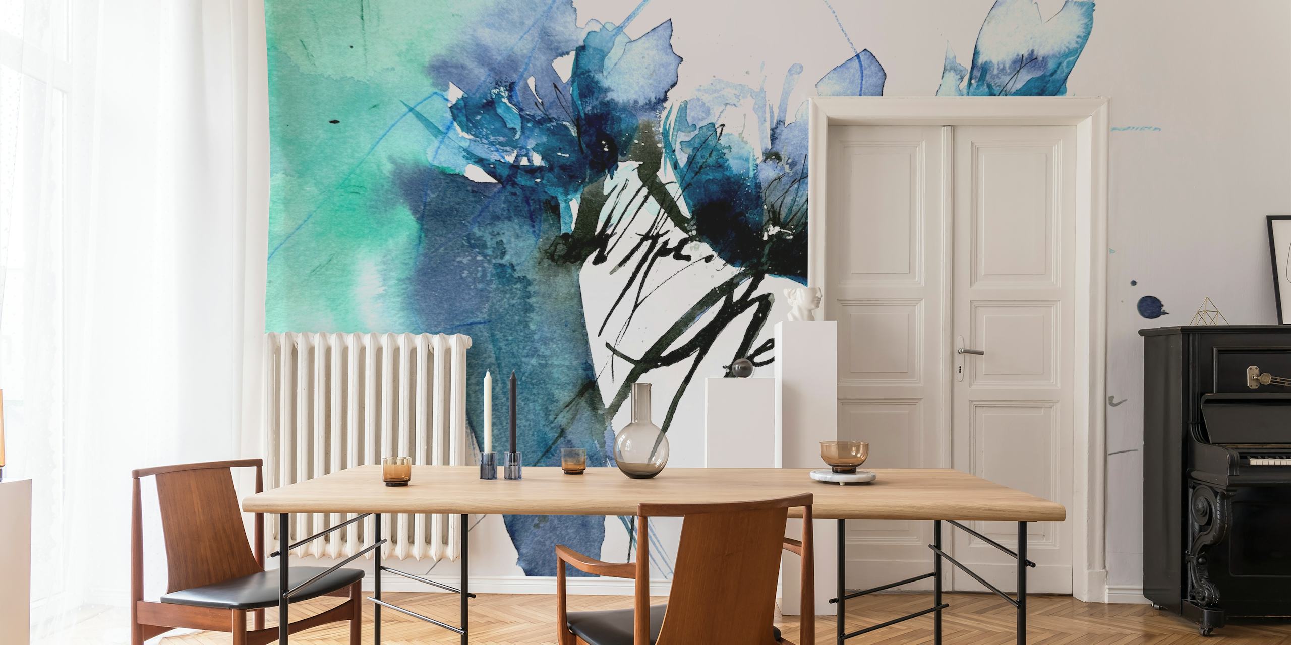 Floral wallpaper in a room with blue and green tones