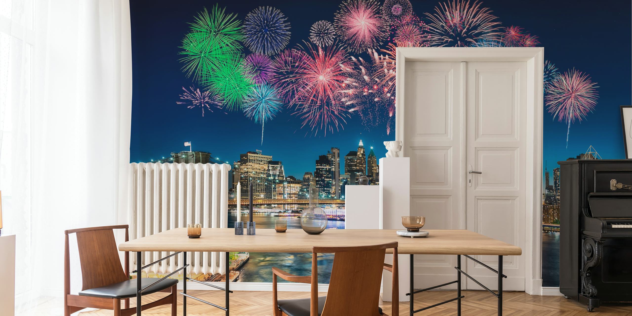 New Year's Eve wallpaper showcasing fireworks in a city.