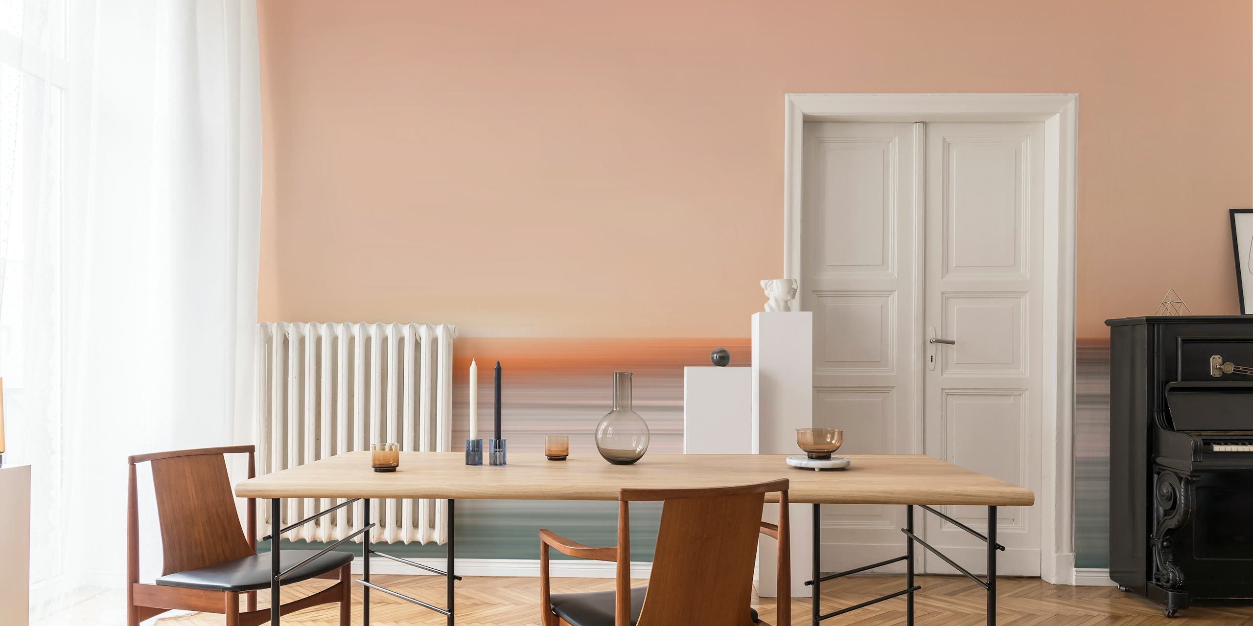 Sunset over ocean with peach and blue waves wallpaper