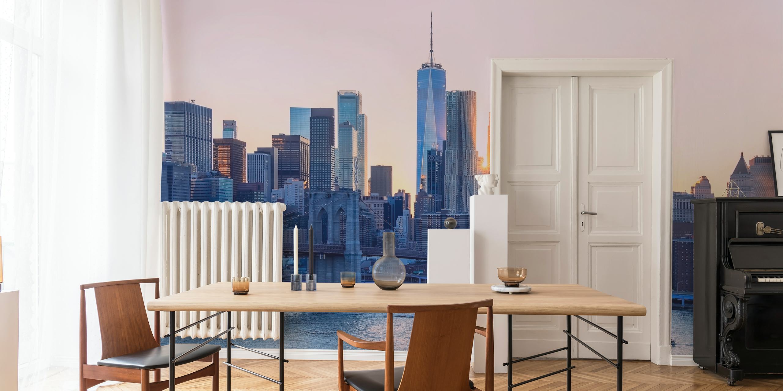 New York City skyline at sunset with purple and orange hues wallpaper